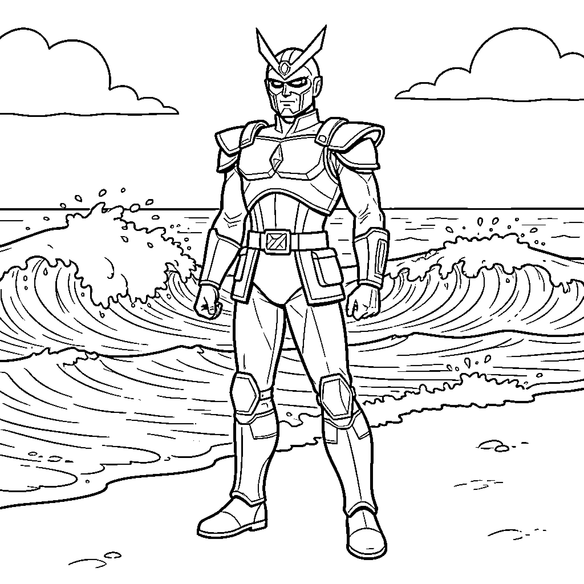Albator standing heroically on a beach by ocean waves Coloring Page (free black-and-white line drawing printable PDF for all, from beginners to advanced learners, including children, teens, adults, and seniors)