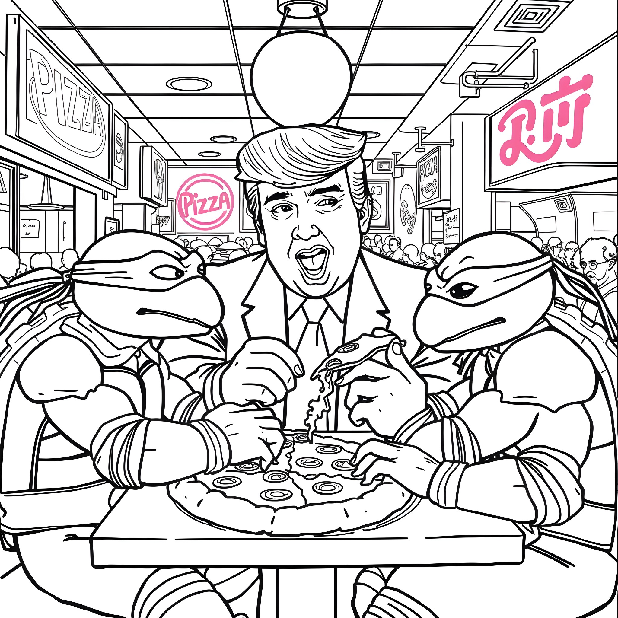 Donald Trump Dining with Ninja Turtles in Pizza Parlor Coloring Page (free black-and-white line drawing printable PDF for all, from beginners to advanced learners, including children, teens, adults, and seniors)