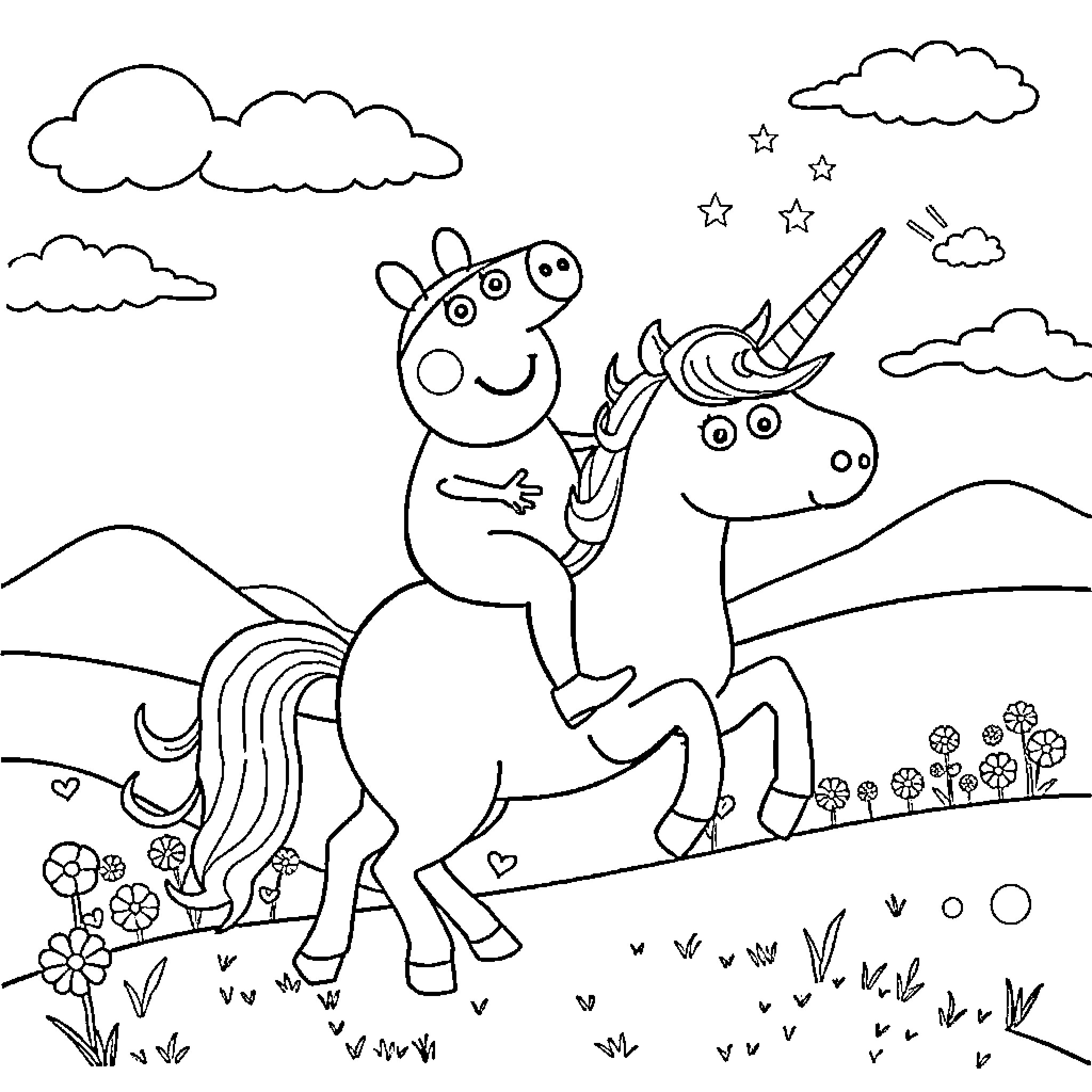 Peppa Pig riding a unicorn in a magical field Coloring Page (free black-and-white line drawing printable PDF for all, from beginners to advanced learners, including children, teens, adults, and seniors)