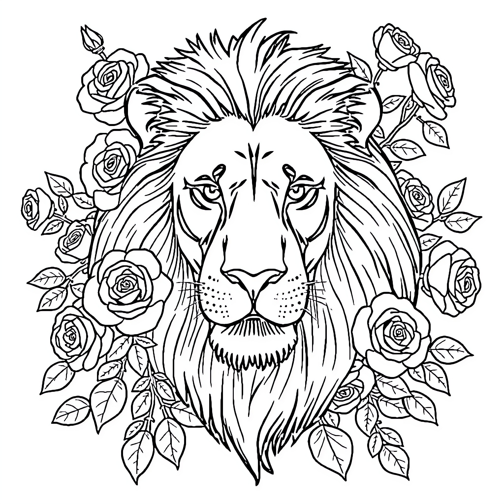 Lion with intricate floral patterns Coloring Page (free black-and-white line drawing printable PDF for all, from beginners to advanced learners, including children, teens, adults, and seniors)