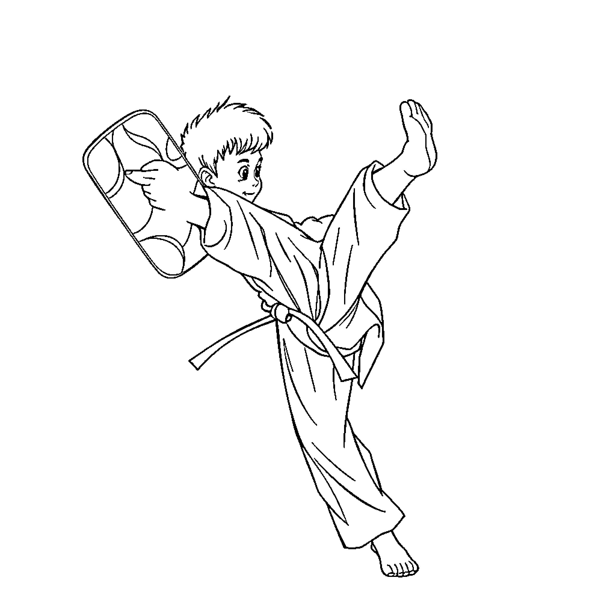 Child practicing martial arts in traditional uniform Coloring Page (free black-and-white line drawing printable PDF for all, from beginners to advanced learners, including children, teens, adults, and seniors)