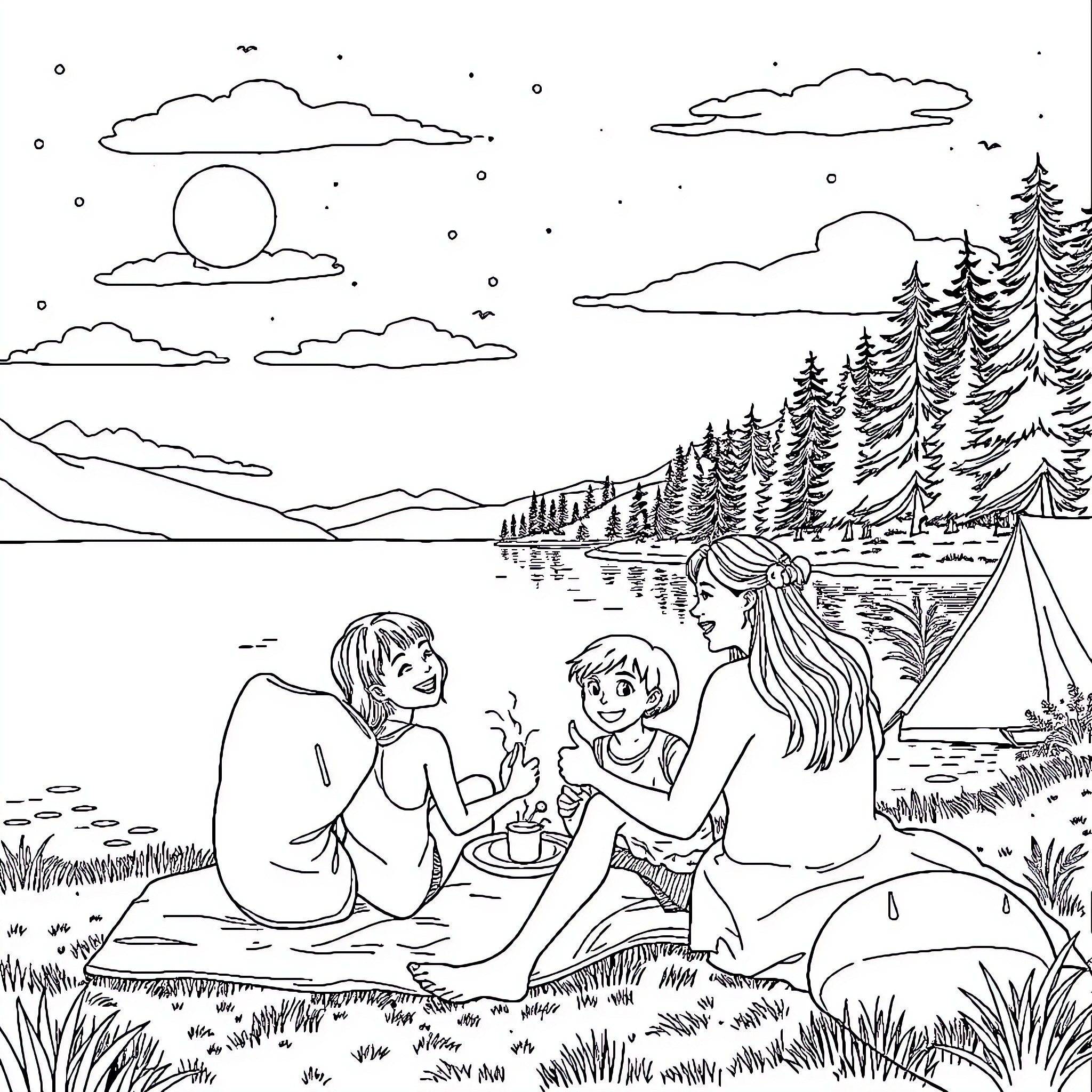 Family Enjoying Outdoor Adventure at Campsite Coloring Page (free black-and-white line drawing printable PDF for all, from beginners to advanced learners, including children, teens, adults, and seniors)