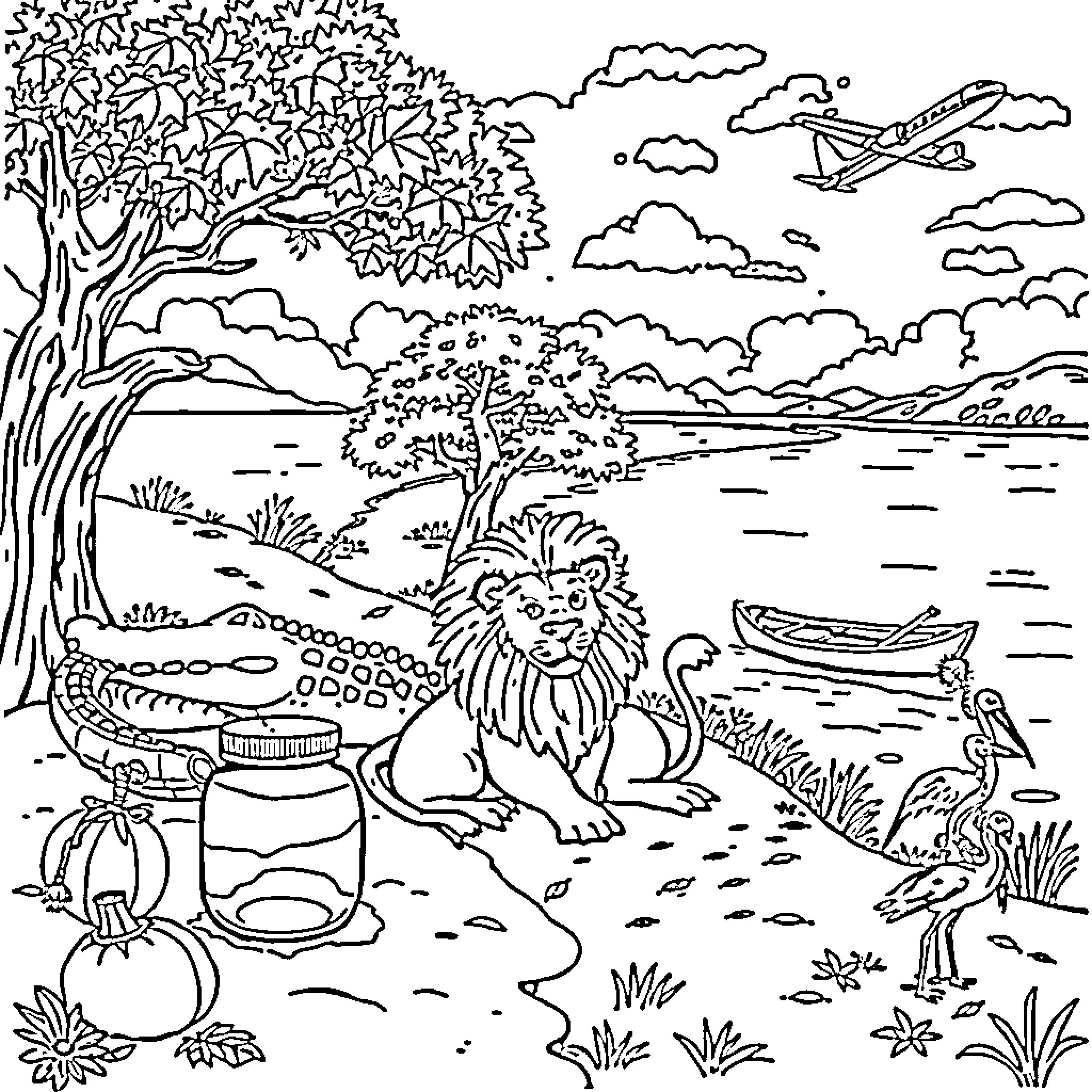 Crocodile and lion interact in natural setting Coloring Page (free black-and-white line drawing printable PDF for all, from beginners to advanced learners, including children, teens, adults, and seniors)