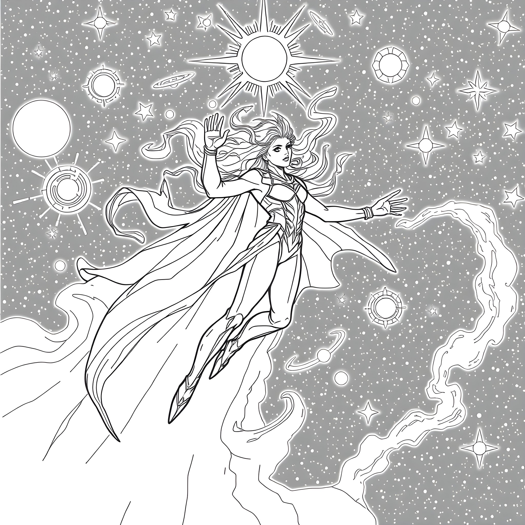 Nova: Celestial Maiden's Ethereal Dance Coloring Page (free black-and-white line drawing printable PDF for all, from beginners to advanced learners, including children, teens, adults, and seniors)