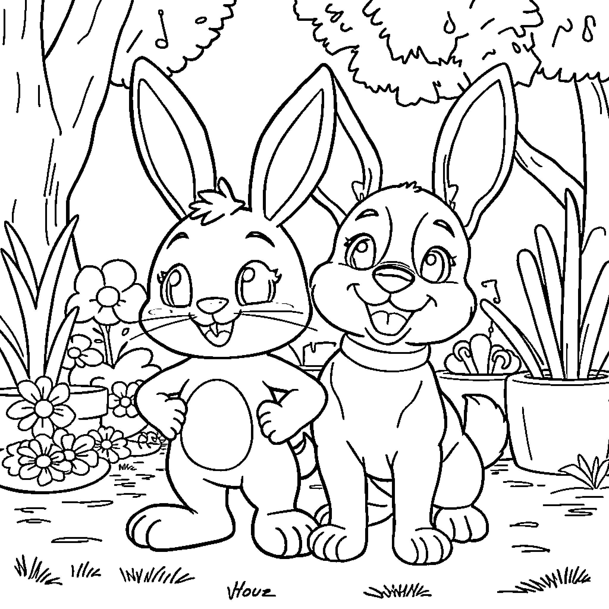 Cooky Rabbits Frolicking in a Floral Garden Coloring Page (free black-and-white line drawing printable PDF for all, from beginners to advanced learners, including children, teens, adults, and seniors)