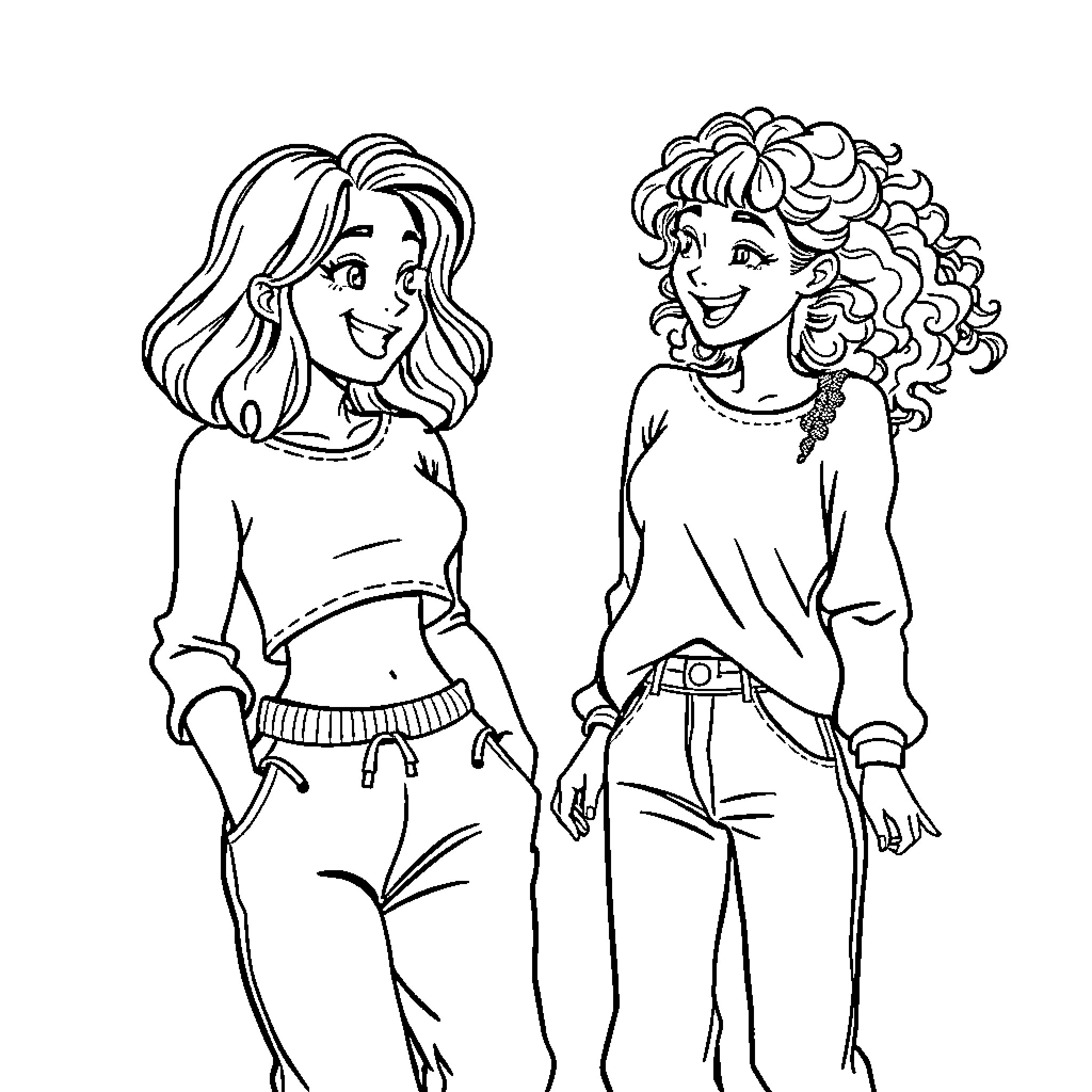 Friend's Casual Outing: Two Cheerful Figures Coloring Page (free black-and-white line drawing printable PDF for all, from beginners to advanced learners, including children, teens, adults, and seniors)