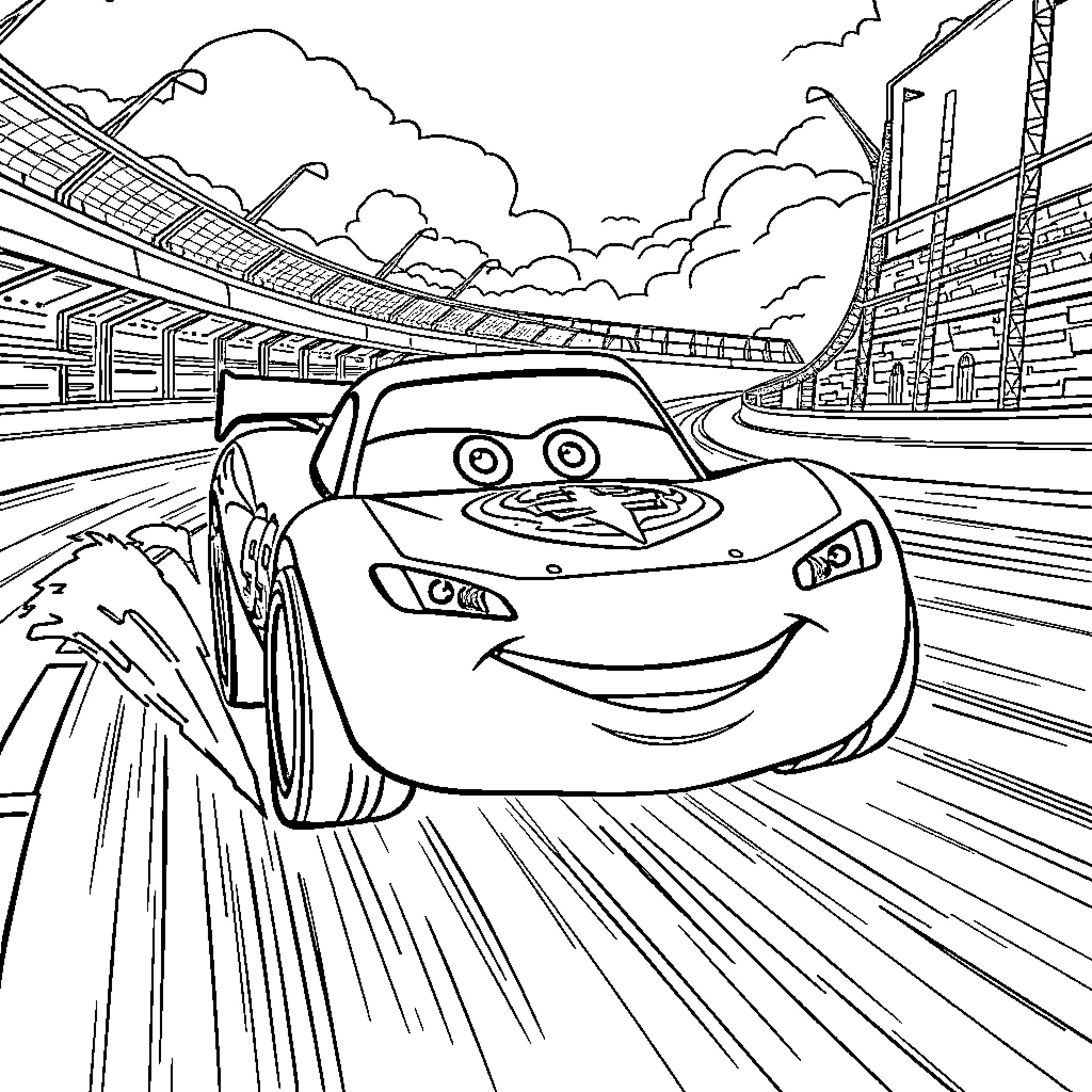Rayo MC racing through the stadium Coloring Page (free black-and-white line drawing printable PDF for all, from beginners to advanced learners, including children, teens, adults, and seniors)