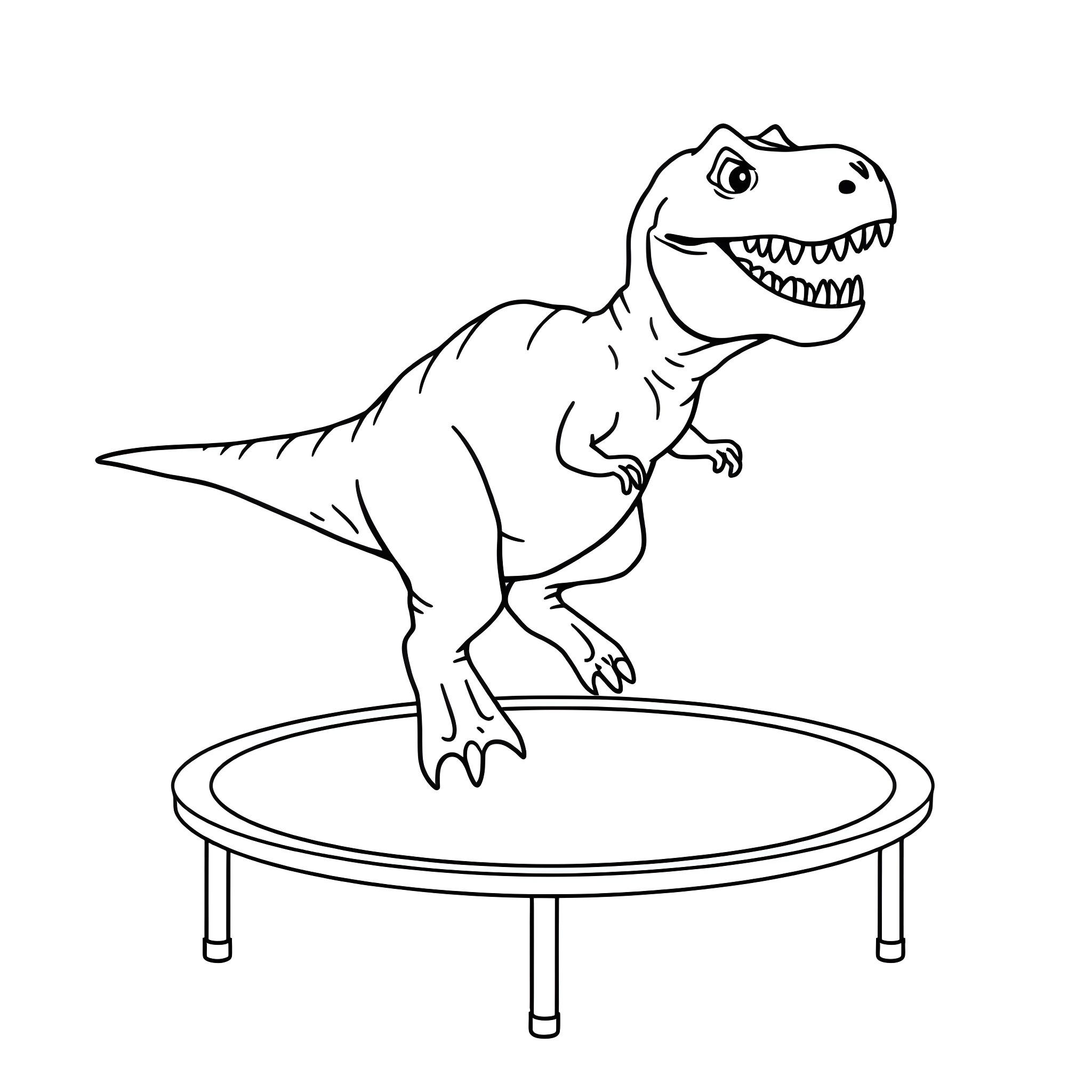 T-Rex Jumping Happily on Trampoline Coloring Page (free black-and-white line drawing printable PDF for all, from beginners to advanced learners, including children, teens, adults, and seniors)