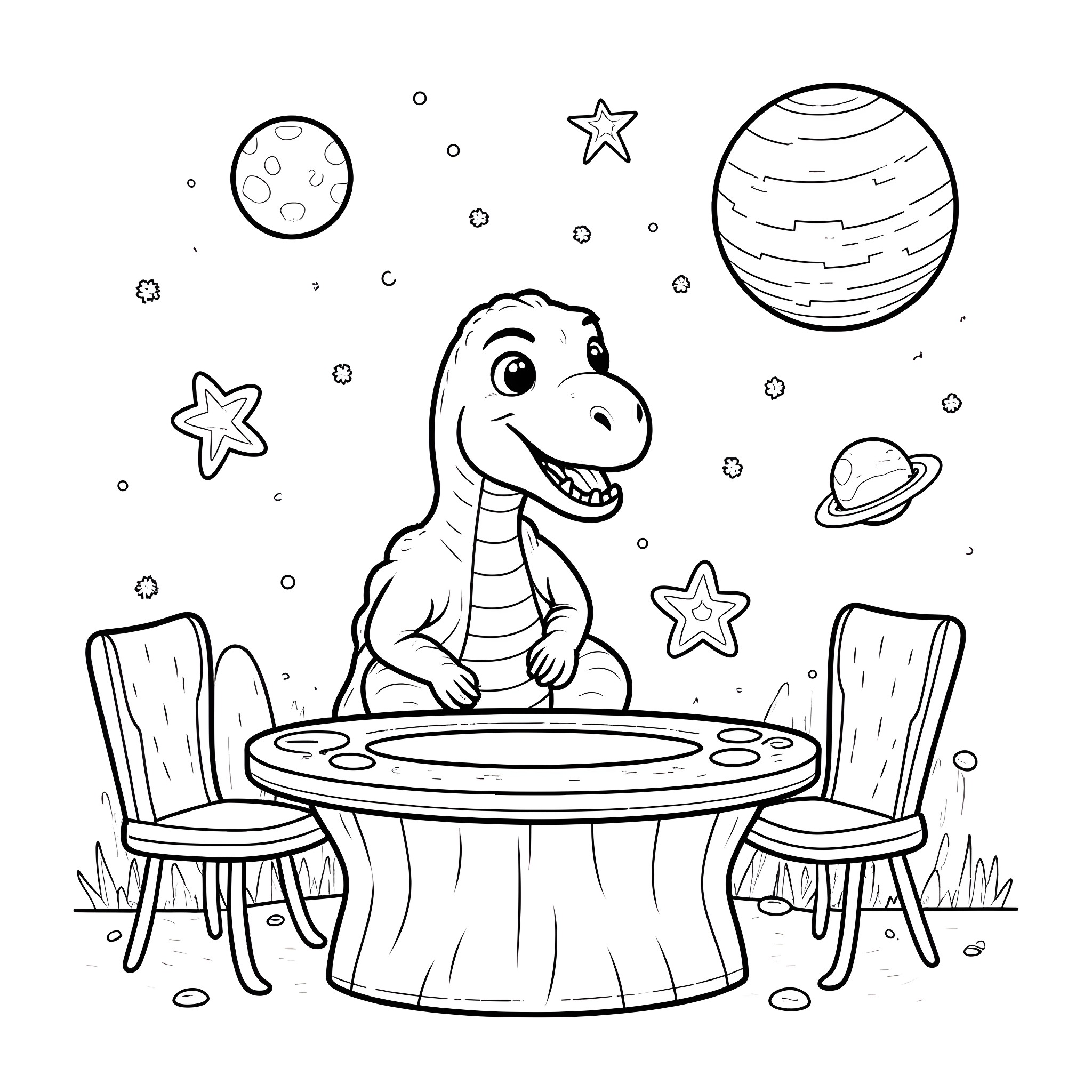 Dinosaur enjoying a meal under the stars Coloring Page (free black-and-white line drawing printable PDF for all, from beginners to advanced learners, including children, teens, adults, and seniors)