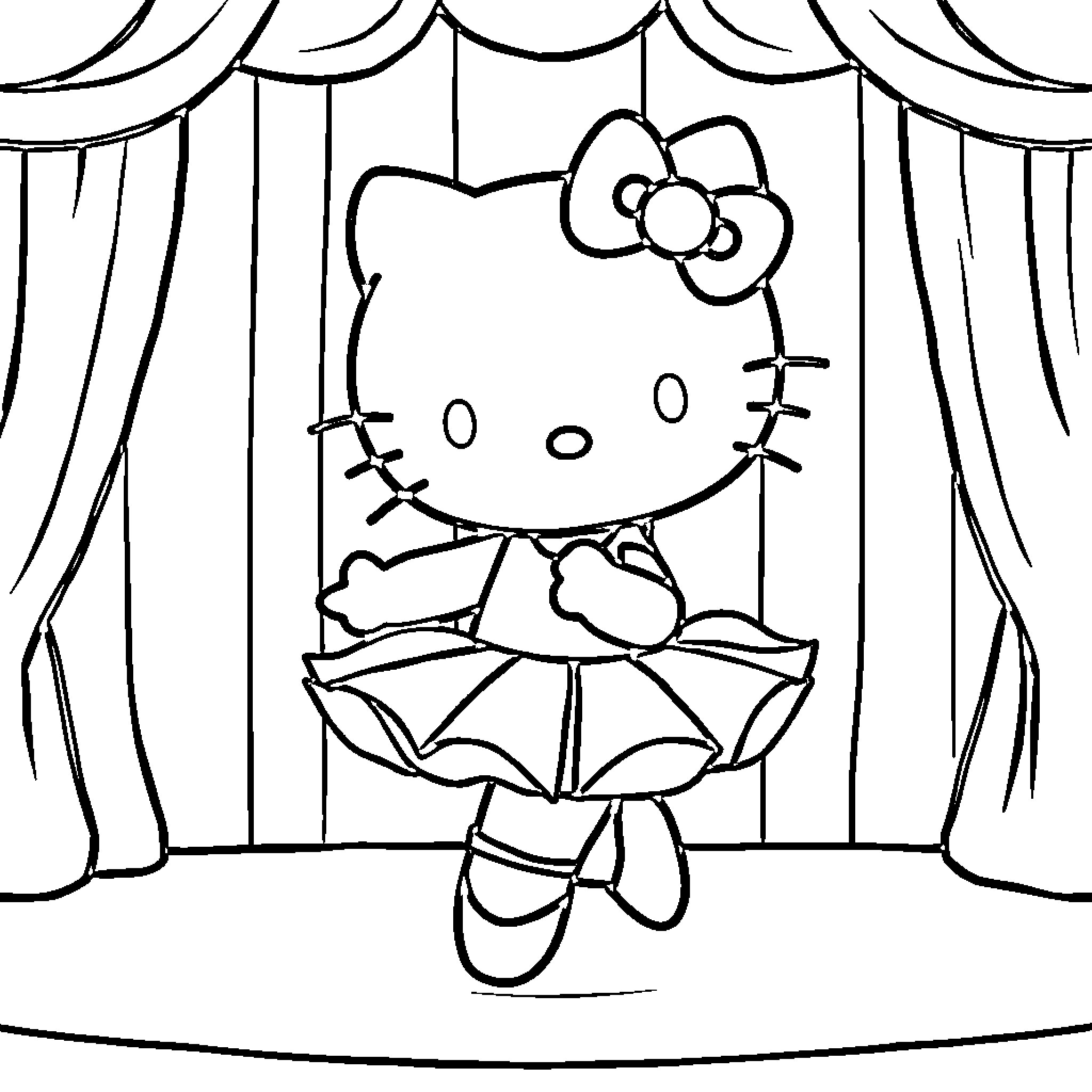 Hello Kitty on Stage with Curtain Backdrop Coloring Page (free black-and-white line drawing printable PDF for all, from beginners to advanced learners, including children, teens, adults, and seniors)