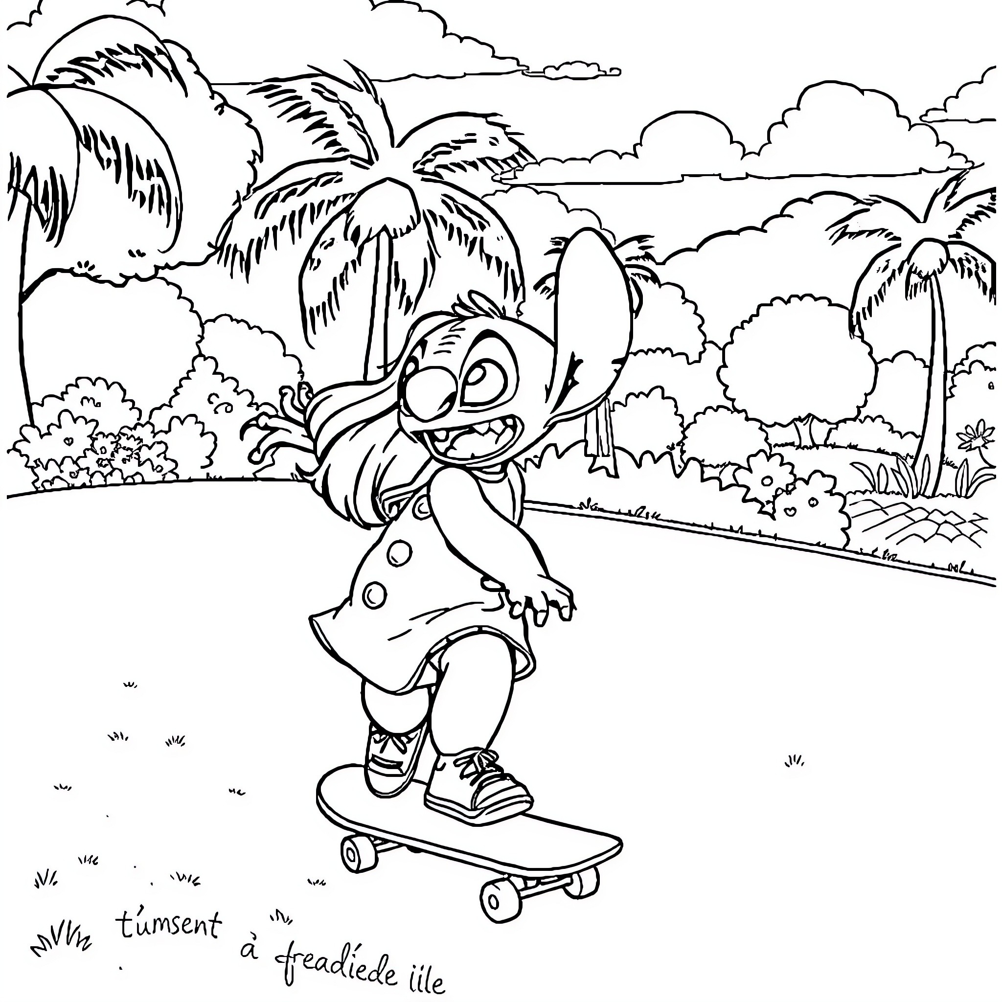Lilo And Stitch skateboarding through tropical landscape Coloring Page (free black-and-white line drawing printable PDF for all, from beginners to advanced learners, including children, teens, adults, and seniors)