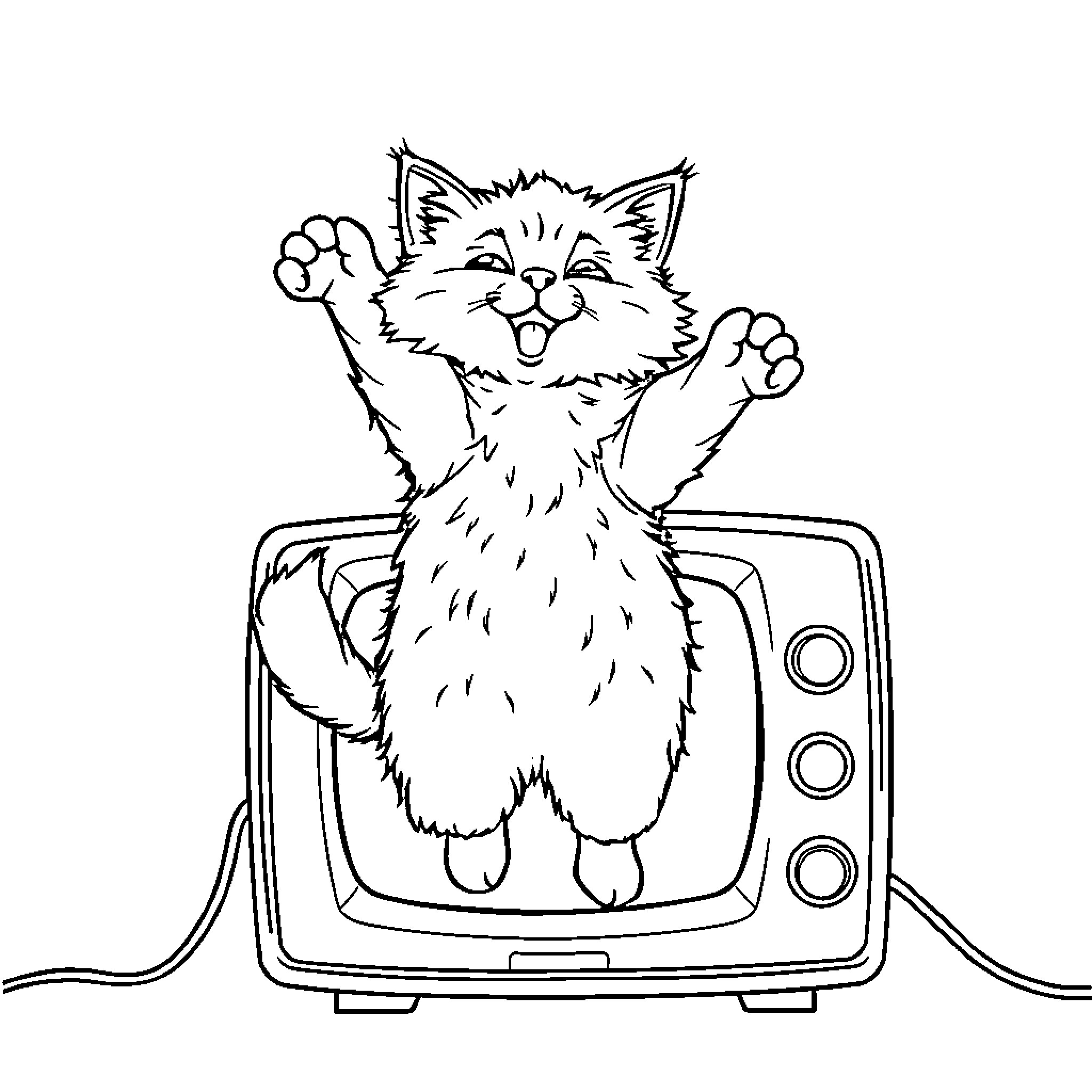 Cat happily playing on TV Coloring Page (free black-and-white line drawing printable PDF for all, from beginners to advanced learners, including children, teens, adults, and seniors)