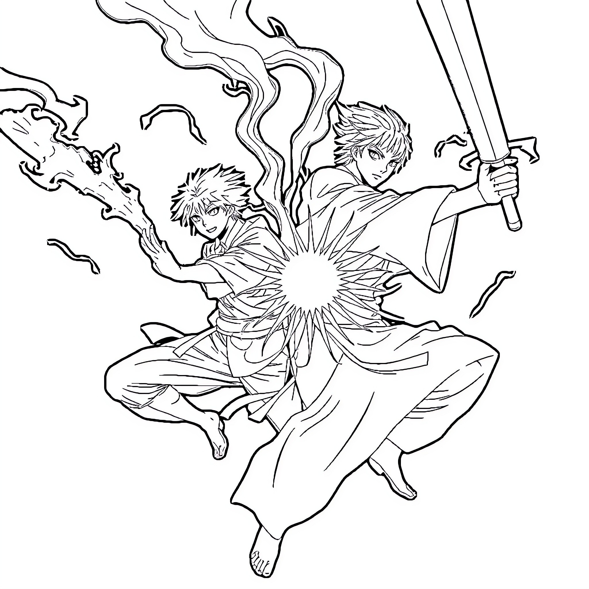 Anime Characters in Dramatic Action Poses Coloring Page (free black-and-white line drawing printable PDF for all, from beginners to advanced learners, including children, teens, adults, and seniors)