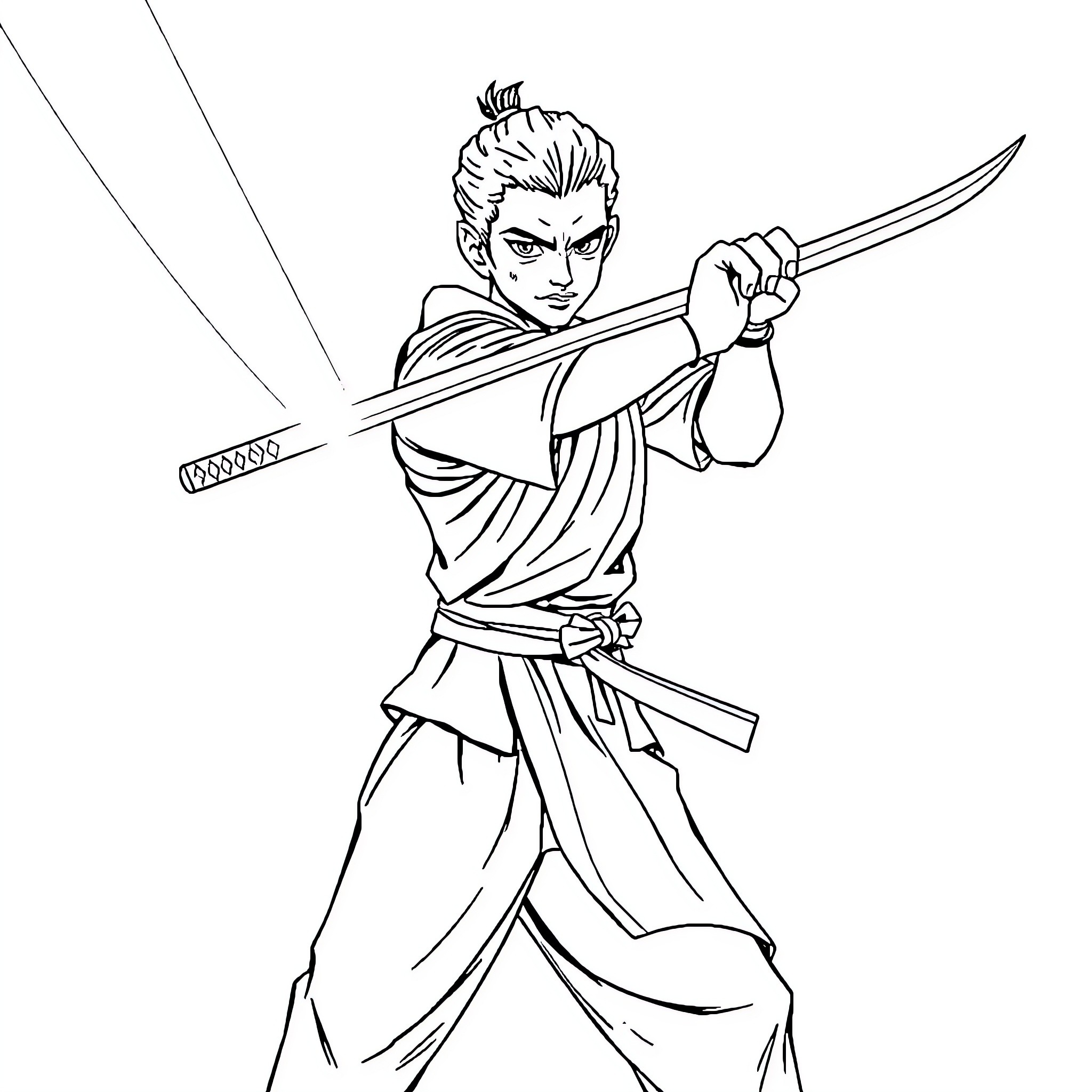 Filipino Warrior Wielding Sword in Battle Stance Coloring Page (free black-and-white line drawing printable PDF for all, from beginners to advanced learners, including children, teens, adults, and seniors)