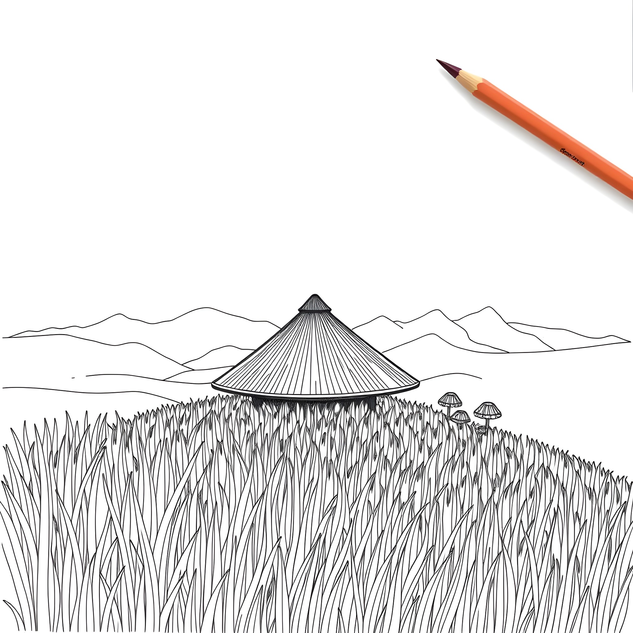 Hat in the Magical Meadow Coloring Page (free black-and-white line drawing printable PDF for all, from beginners to advanced learners, including children, teens, adults, and seniors)