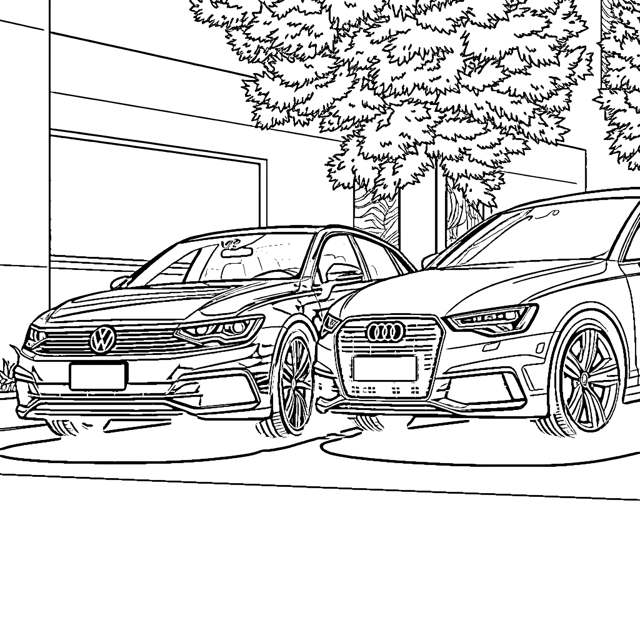 Car models parked in front of garage Coloring Page (free black-and-white line drawing printable PDF for all, from beginners to advanced learners, including children, teens, adults, and seniors)
