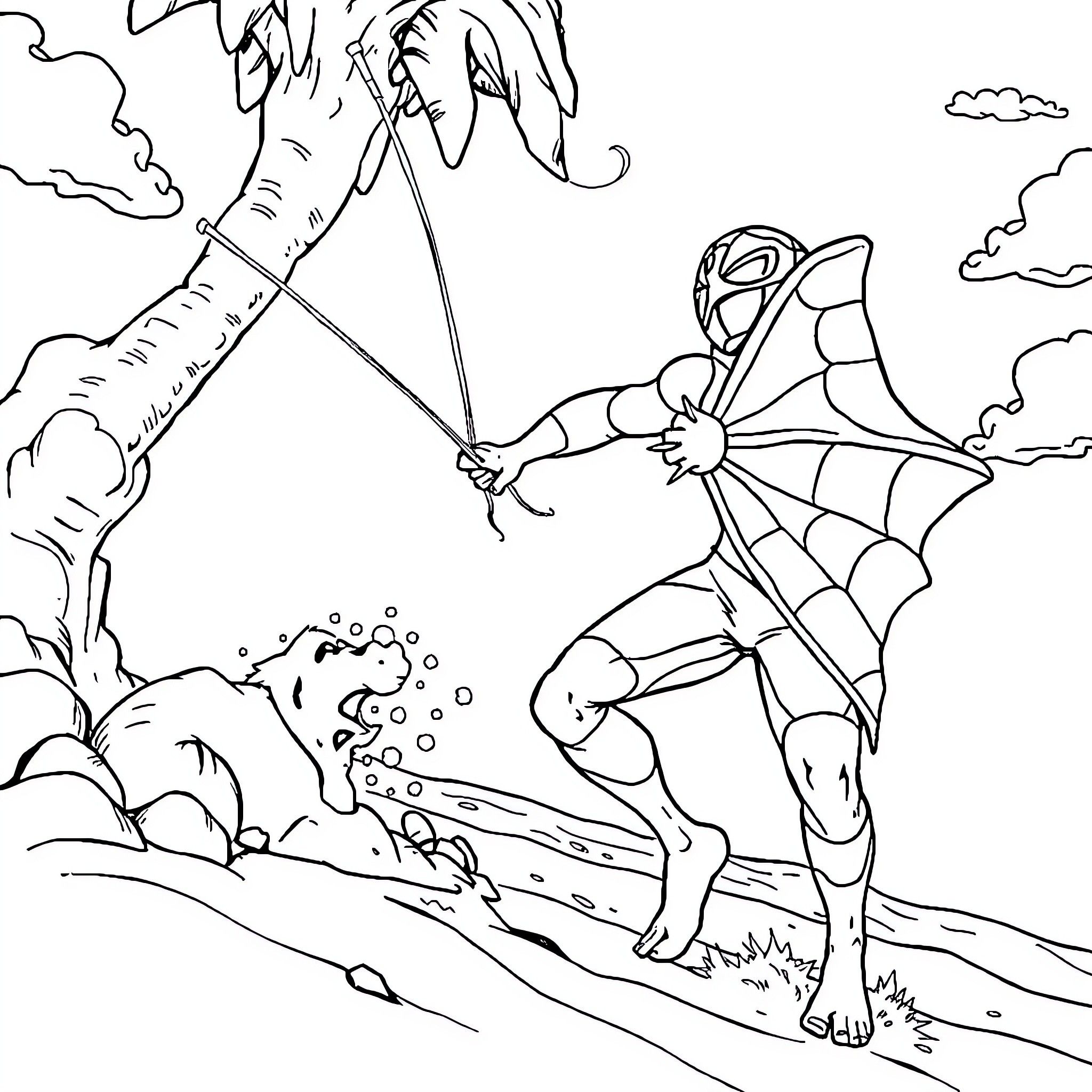 Homem-Aranha scaling a cliff and swinging through the air Coloring Page (free black-and-white line drawing printable PDF for all, from beginners to advanced learners, including children, teens, adults, and seniors)