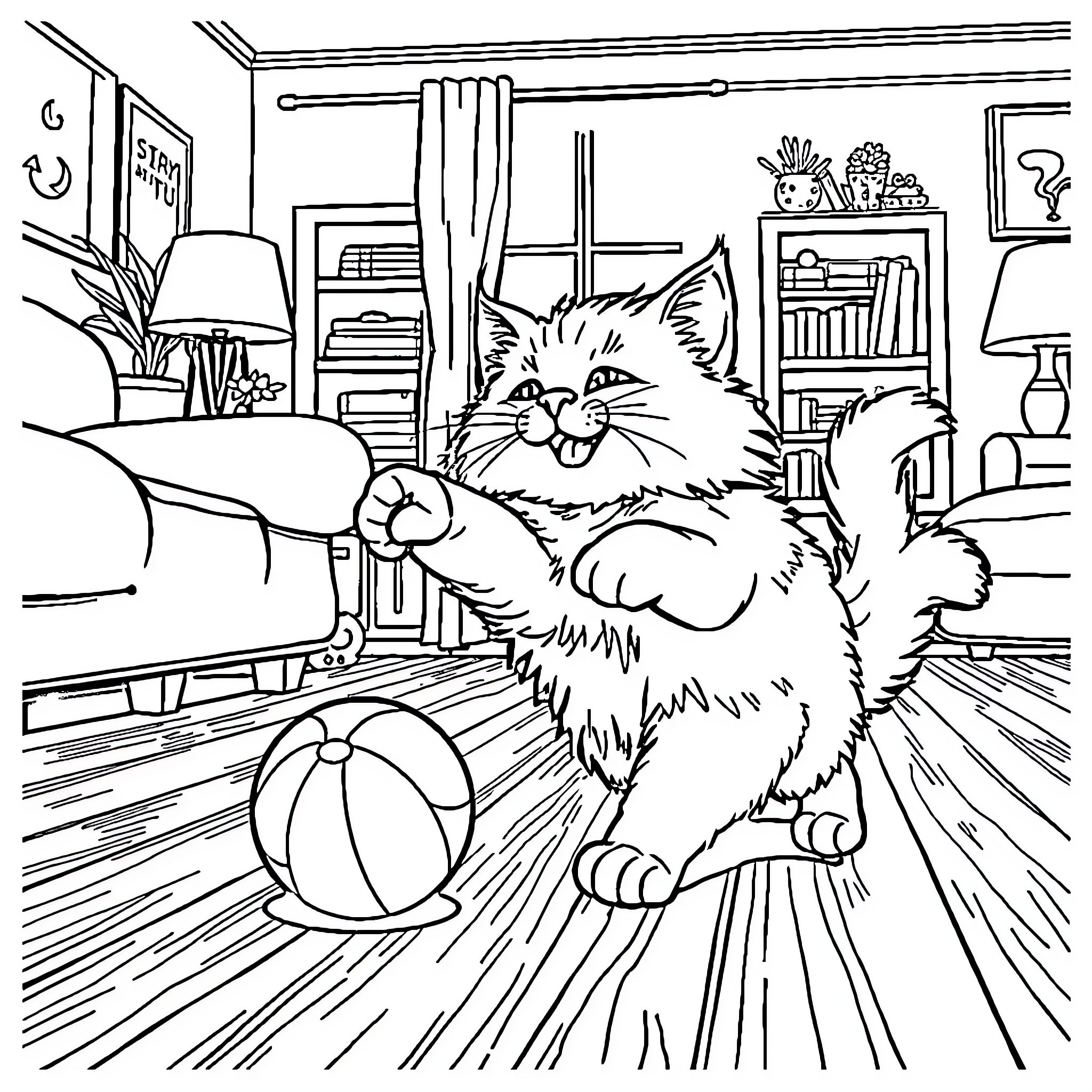 Cat Playing with Ball in Home Coloring Page (free black-and-white line drawing printable PDF for all, from beginners to advanced learners, including children, teens, adults, and seniors)