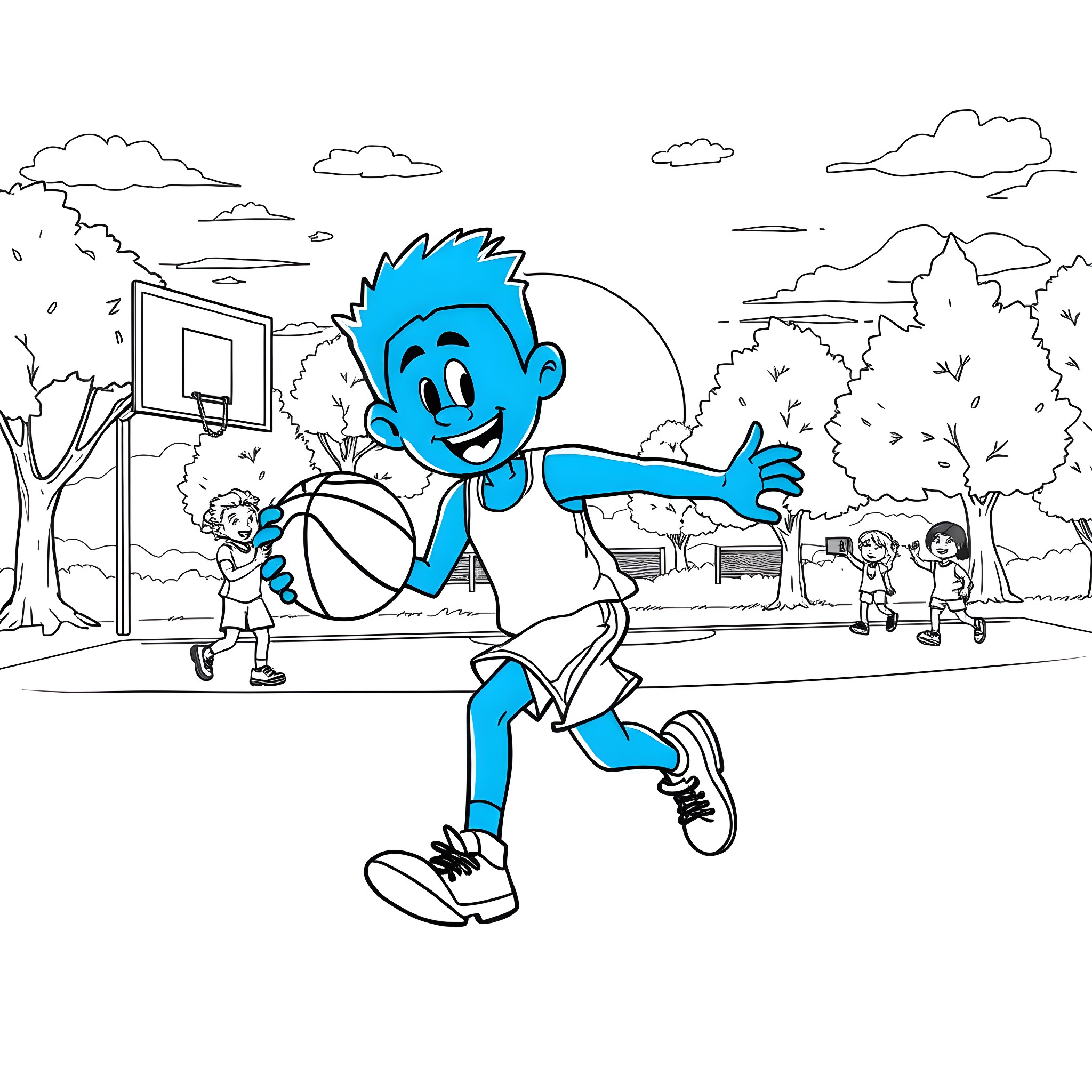 Bluey playing basketball with friends in the park Coloring Page (free black-and-white line drawing printable PDF for all, from beginners to advanced learners, including children, teens, adults, and seniors)
