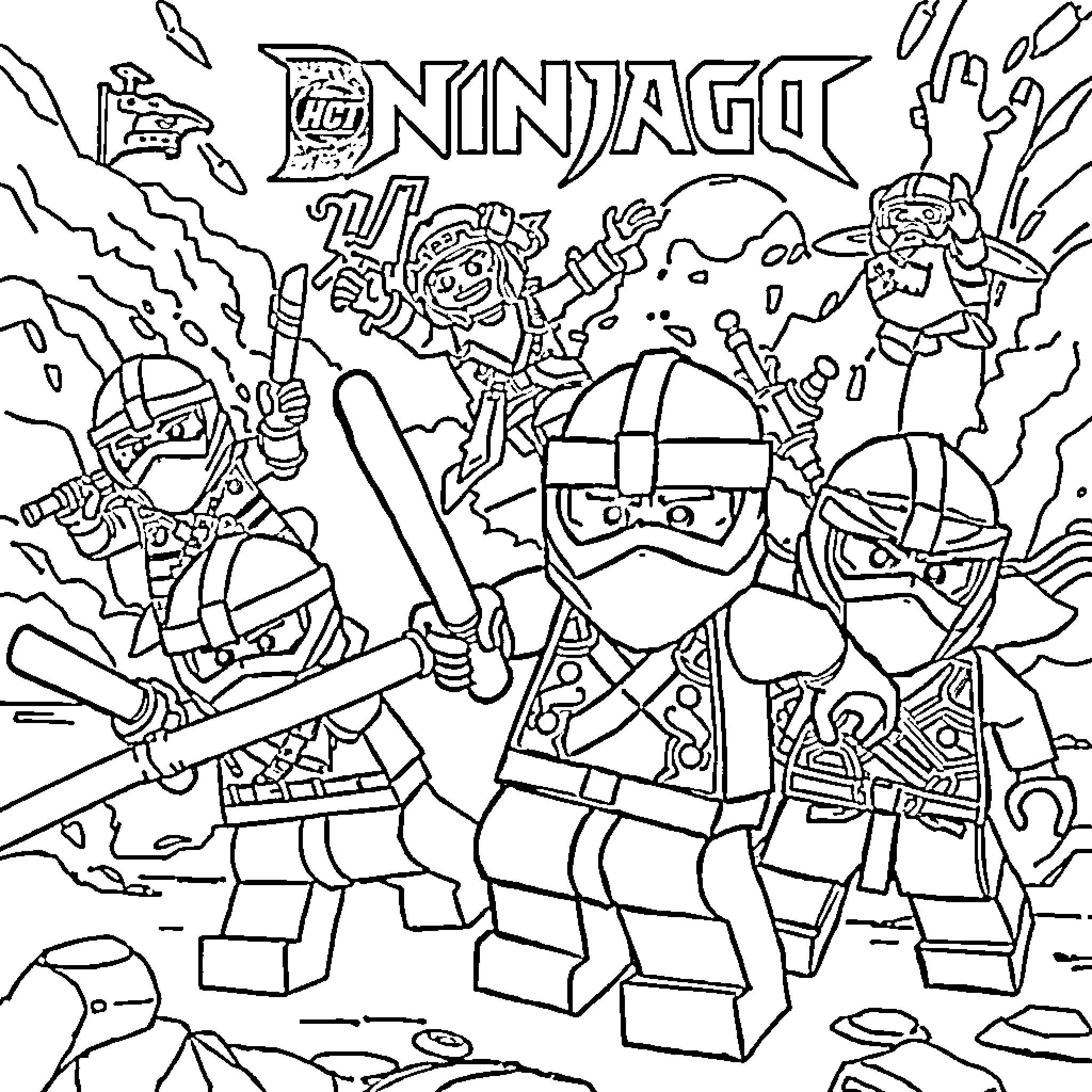 Ninja warriors in action-packed battle scene Coloring Page (free black-and-white line drawing printable PDF for all, from beginners to advanced learners, including children, teens, adults, and seniors)