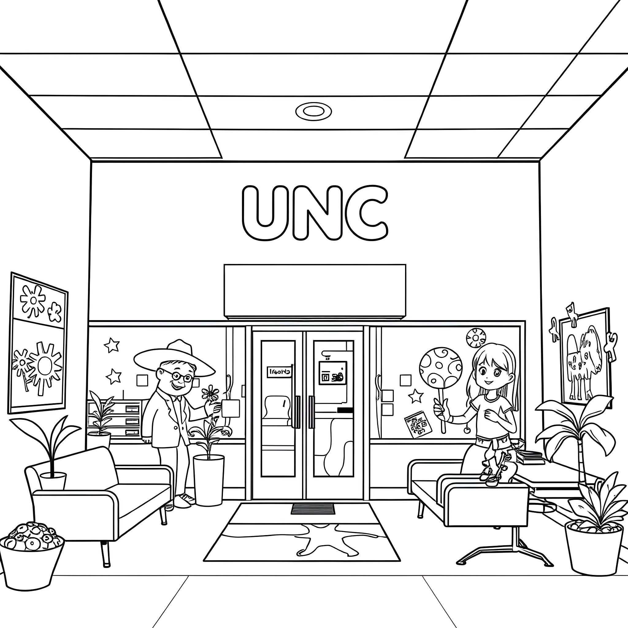 Child exploring educational campus with diverse peers Coloring Page (free black-and-white line drawing printable PDF for all, from beginners to advanced learners, including children, teens, adults, and seniors)