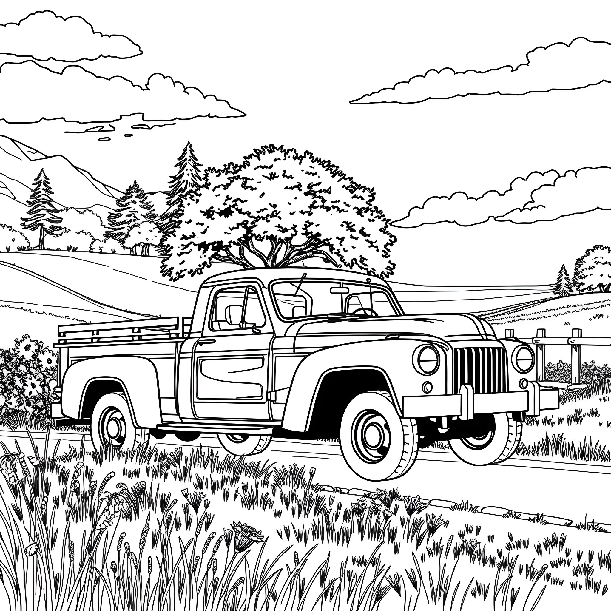 Pickup Truck Traveling Through Picturesque Countryside Coloring Page (free black-and-white line drawing printable PDF for all, from beginners to advanced learners, including children, teens, adults, and seniors)