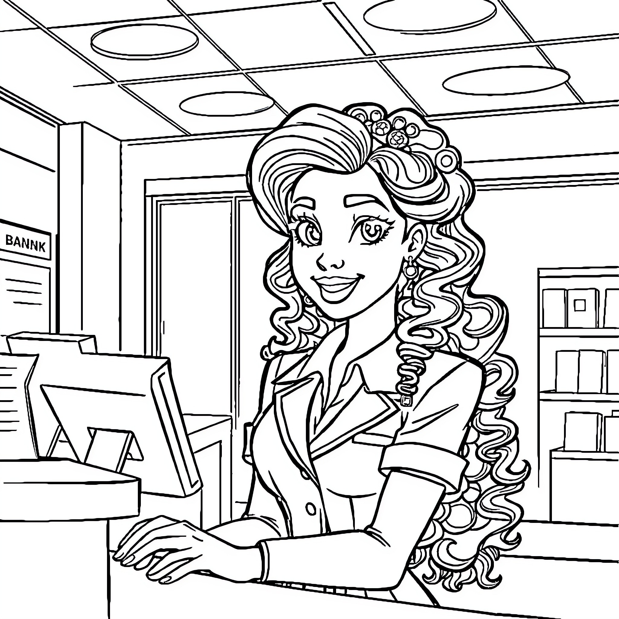 Disney Princess Working Professional at the Bank Coloring Page (free black-and-white line drawing printable PDF for all, from beginners to advanced learners, including children, teens, adults, and seniors)