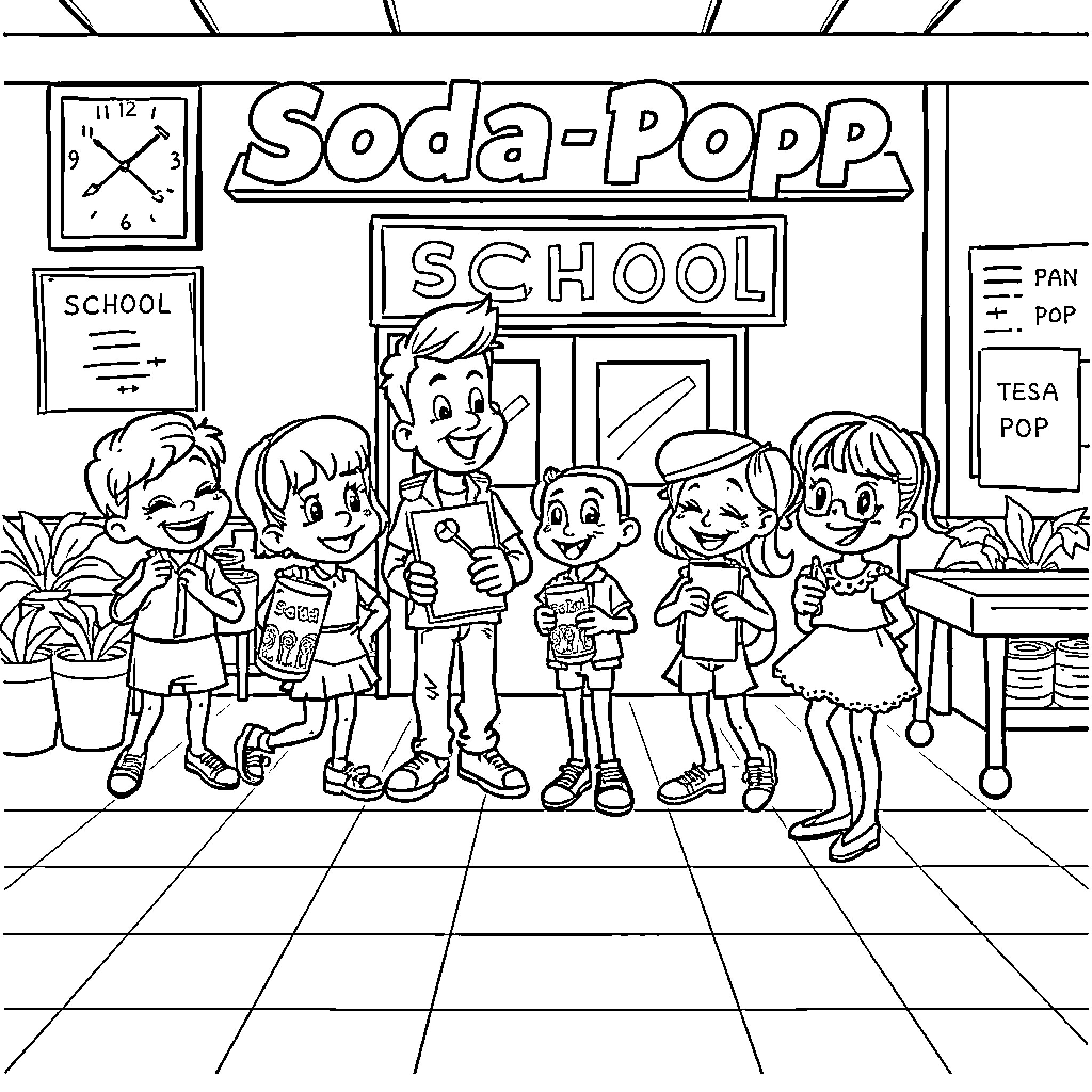 Movie Characters Enjoying Treats at the Soda-Popp School Coloring Page (free black-and-white line drawing printable PDF for all, from beginners to advanced learners, including children, teens, adults, and seniors)
