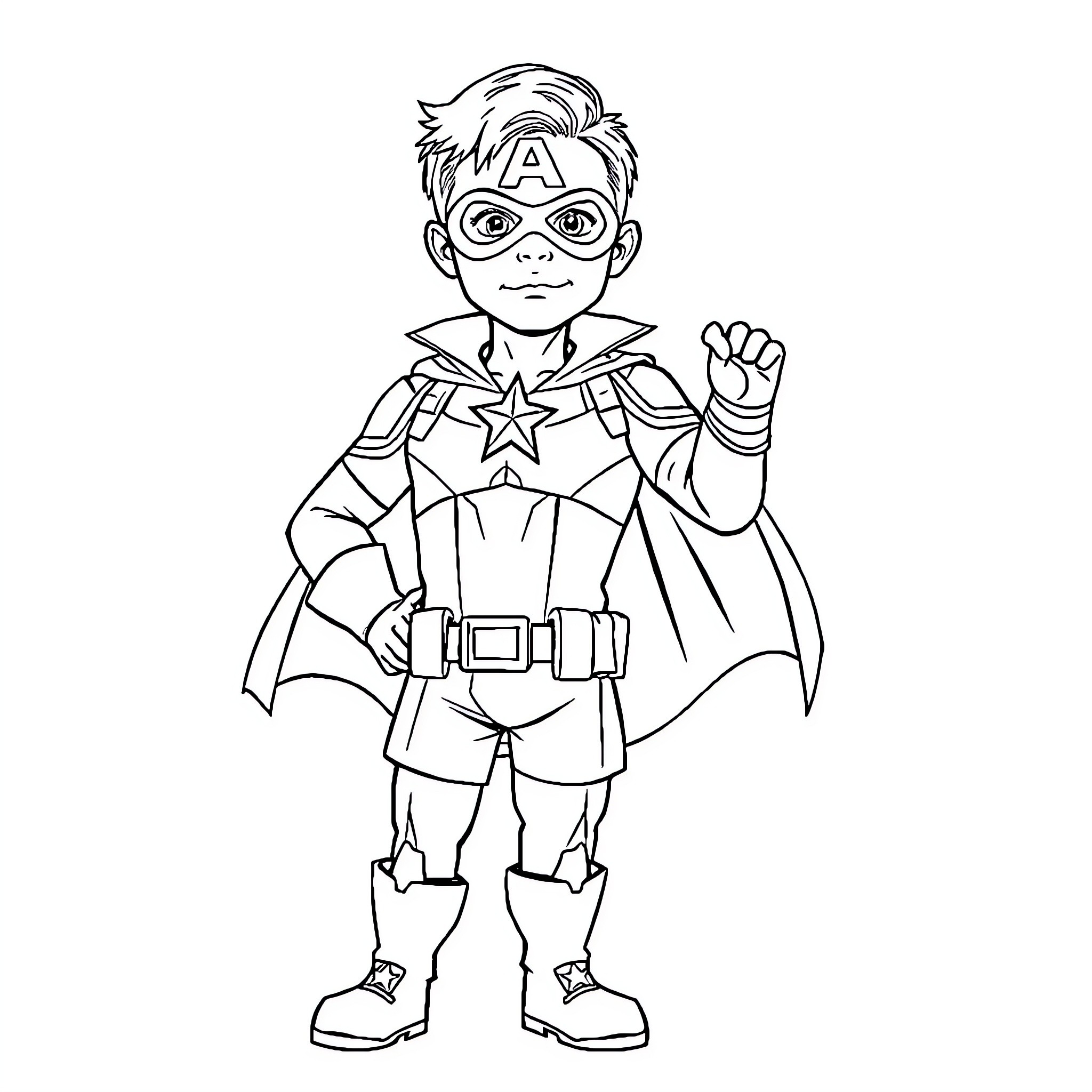 Captain America inspired superhero in action pose Coloring Page (free black-and-white line drawing printable PDF for all, from beginners to advanced learners, including children, teens, adults, and seniors)