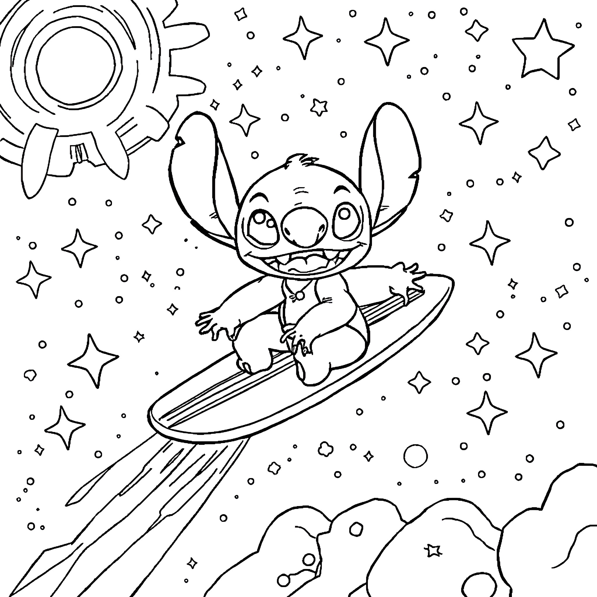 Stitch surfing through the stars Coloring Page (free black-and-white line drawing printable PDF for all, from beginners to advanced learners, including children, teens, adults, and seniors)