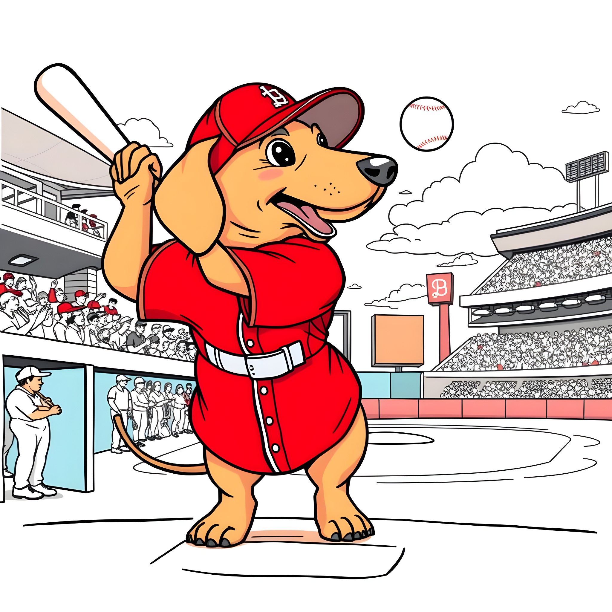 Dachshund playing baseball in a baseball stadium Coloring Page (free black-and-white line drawing printable PDF for all, from beginners to advanced learners, including children, teens, adults, and seniors)