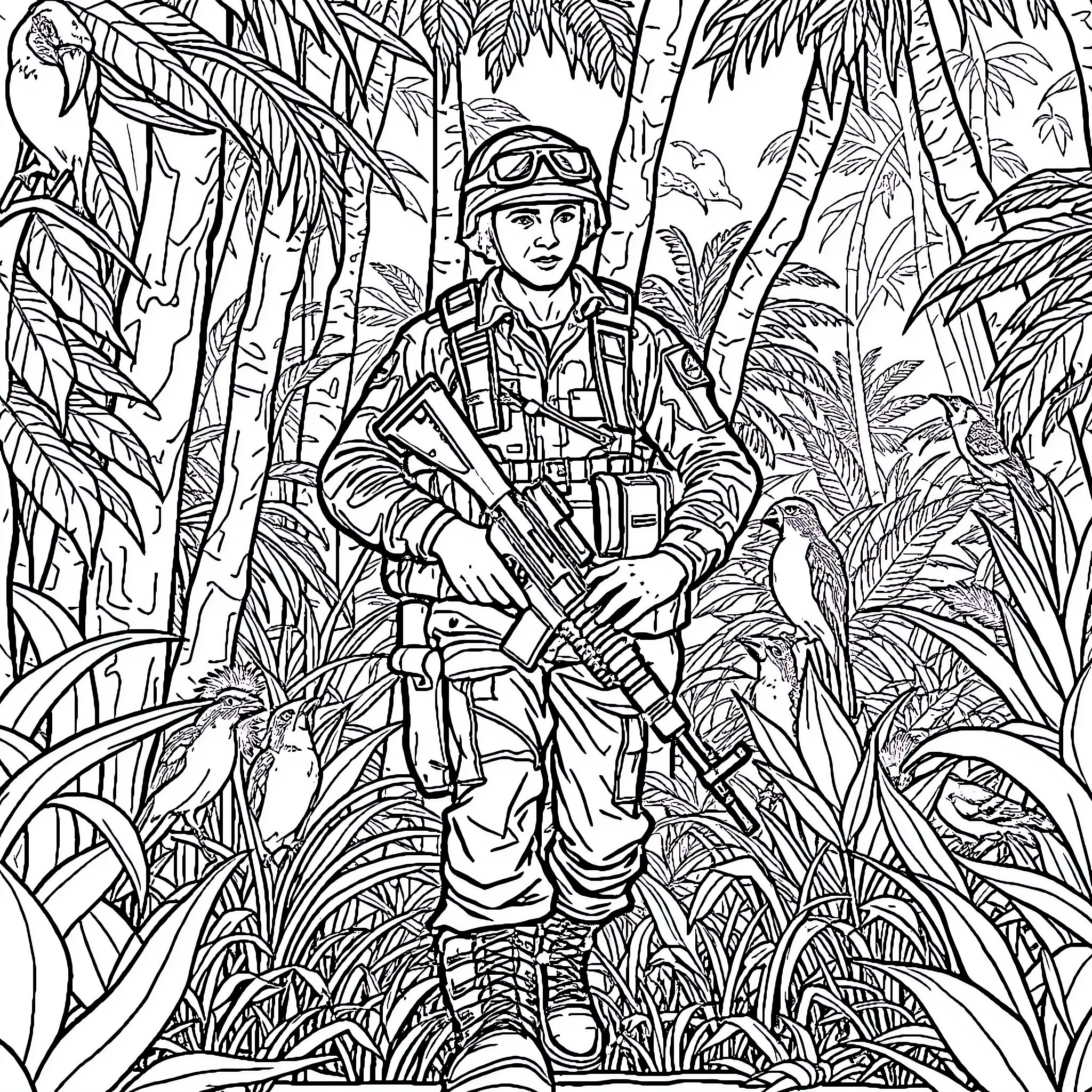 Soldier braving the jungle terrain Coloring Page (free black-and-white line drawing printable PDF for all, from beginners to advanced learners, including children, teens, adults, and seniors)