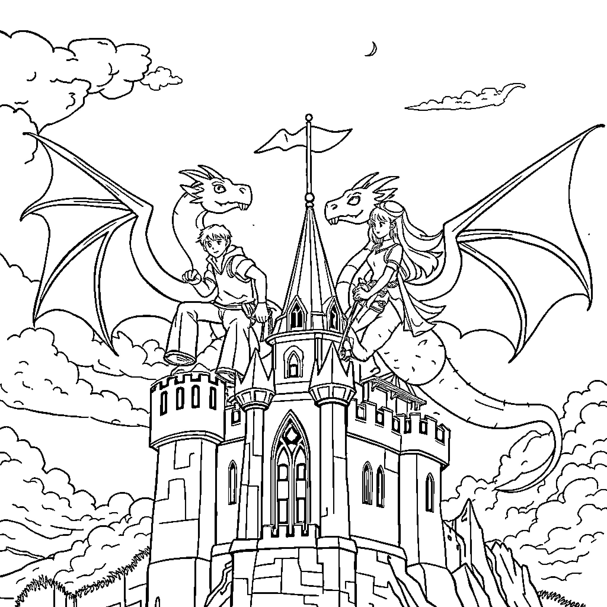 Dragon-themed fantasy castle with winged creatures Coloring Page (free black-and-white line drawing printable PDF for all, from beginners to advanced learners, including children, teens, adults, and seniors)