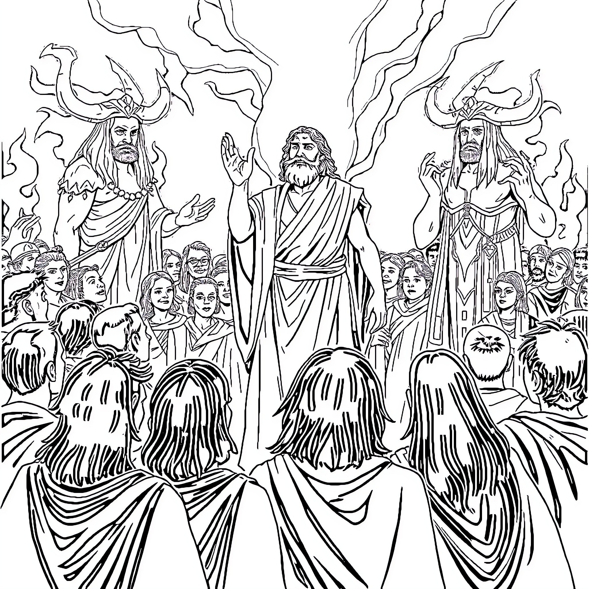 Elijah Preaching to the Prophets of Baal Coloring Page (free black-and-white line drawing printable PDF for all, from beginners to advanced learners, including children, teens, adults, and seniors)