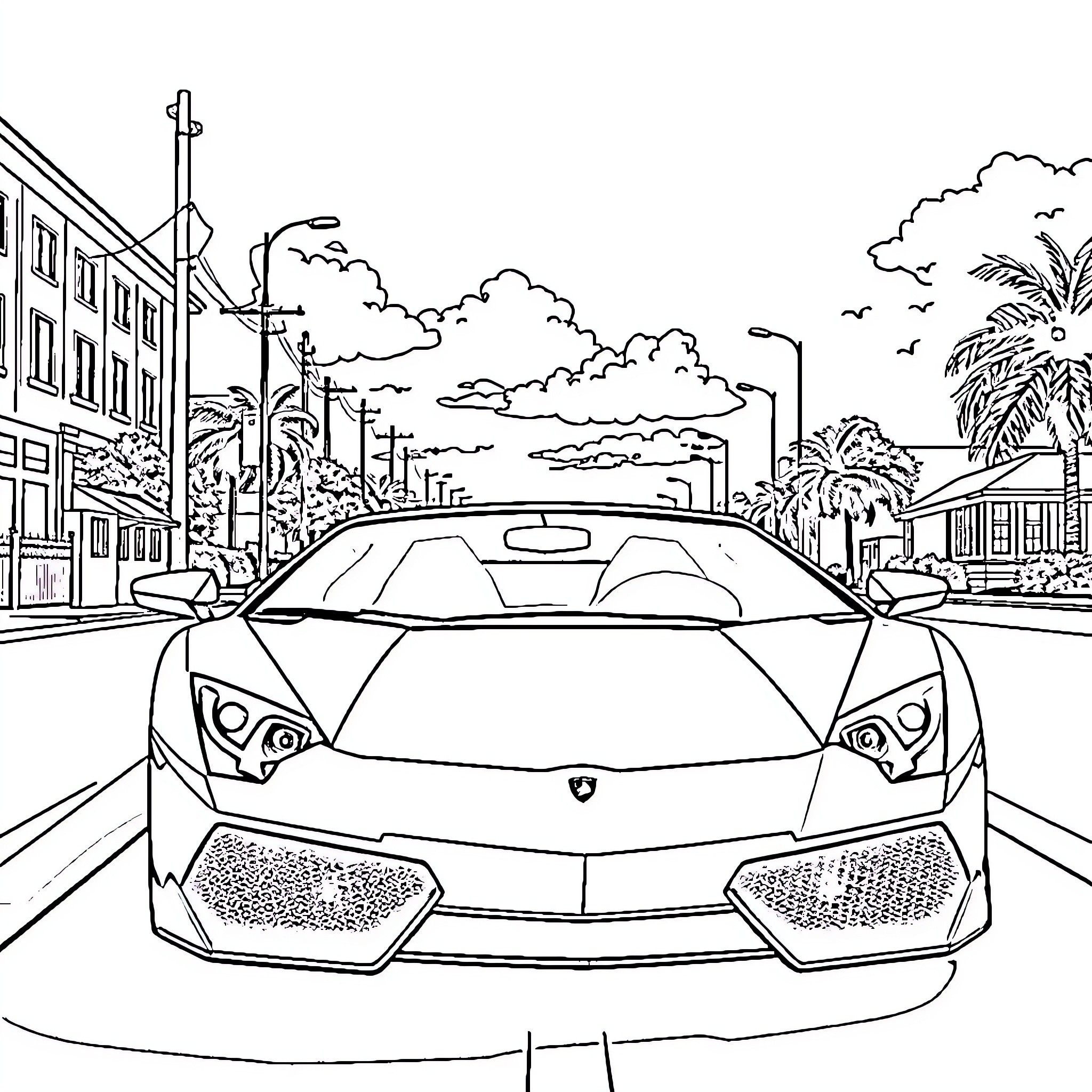 Lamborghini speeding through a scenic city street Coloring Page (free black-and-white line drawing printable PDF for all, from beginners to advanced learners, including children, teens, adults, and seniors)