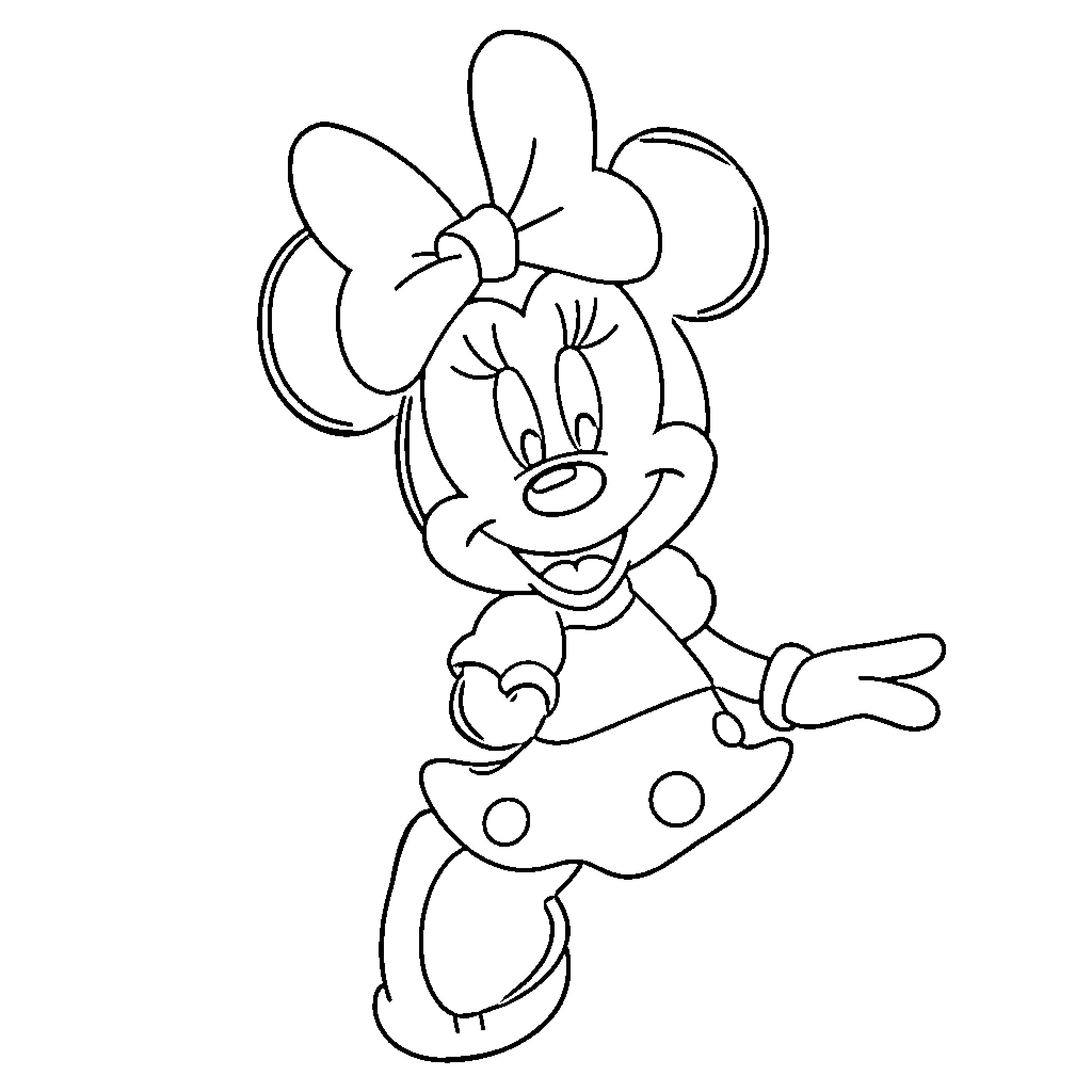 Minnie Mouse happily posing with her signature bow Coloring Page (free black-and-white line drawing printable PDF for all, from beginners to advanced learners, including children, teens, adults, and seniors)