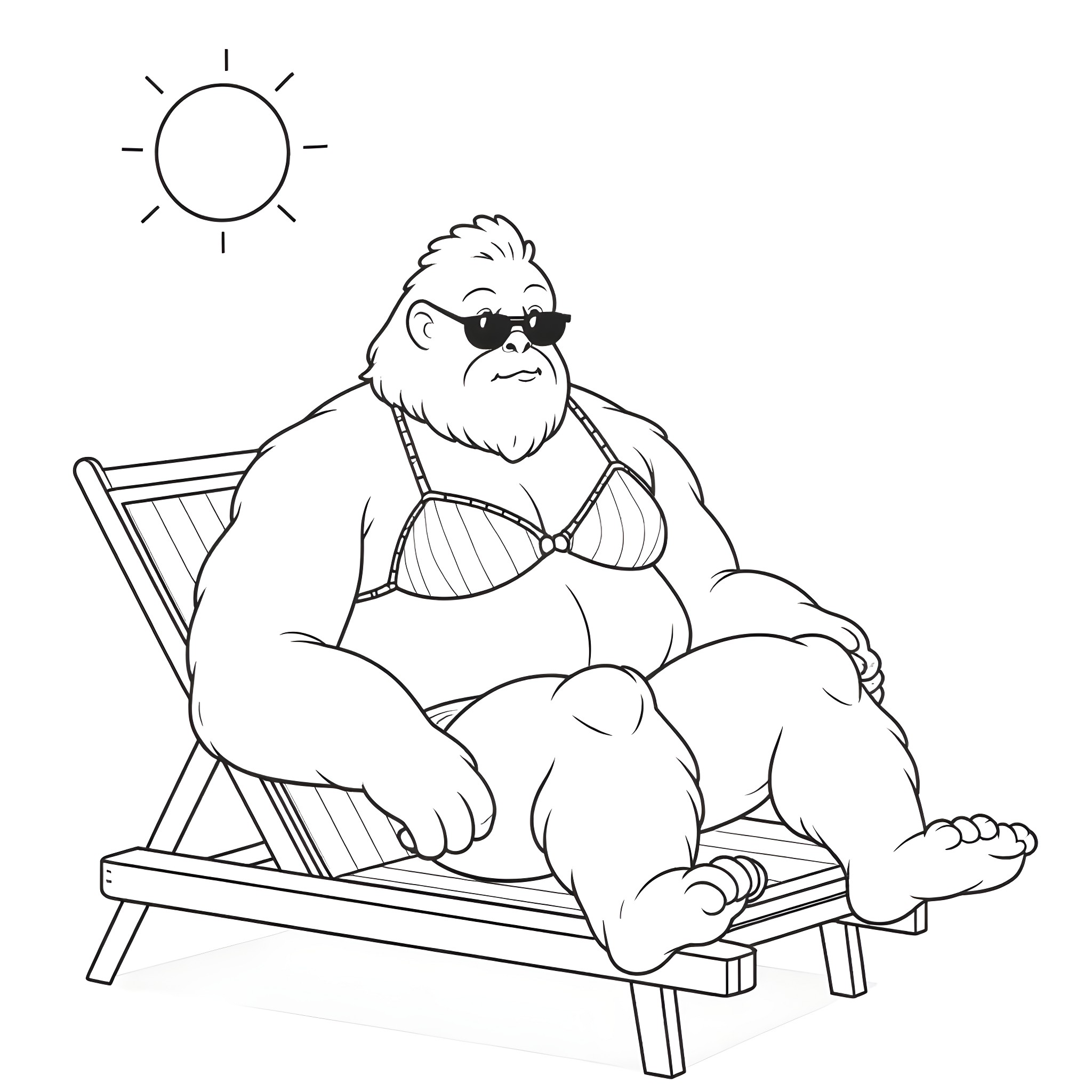 Bigfoot relaxing in the sun on a beach chair Coloring Page (free black-and-white line drawing printable PDF for all, from beginners to advanced learners, including children, teens, adults, and seniors)