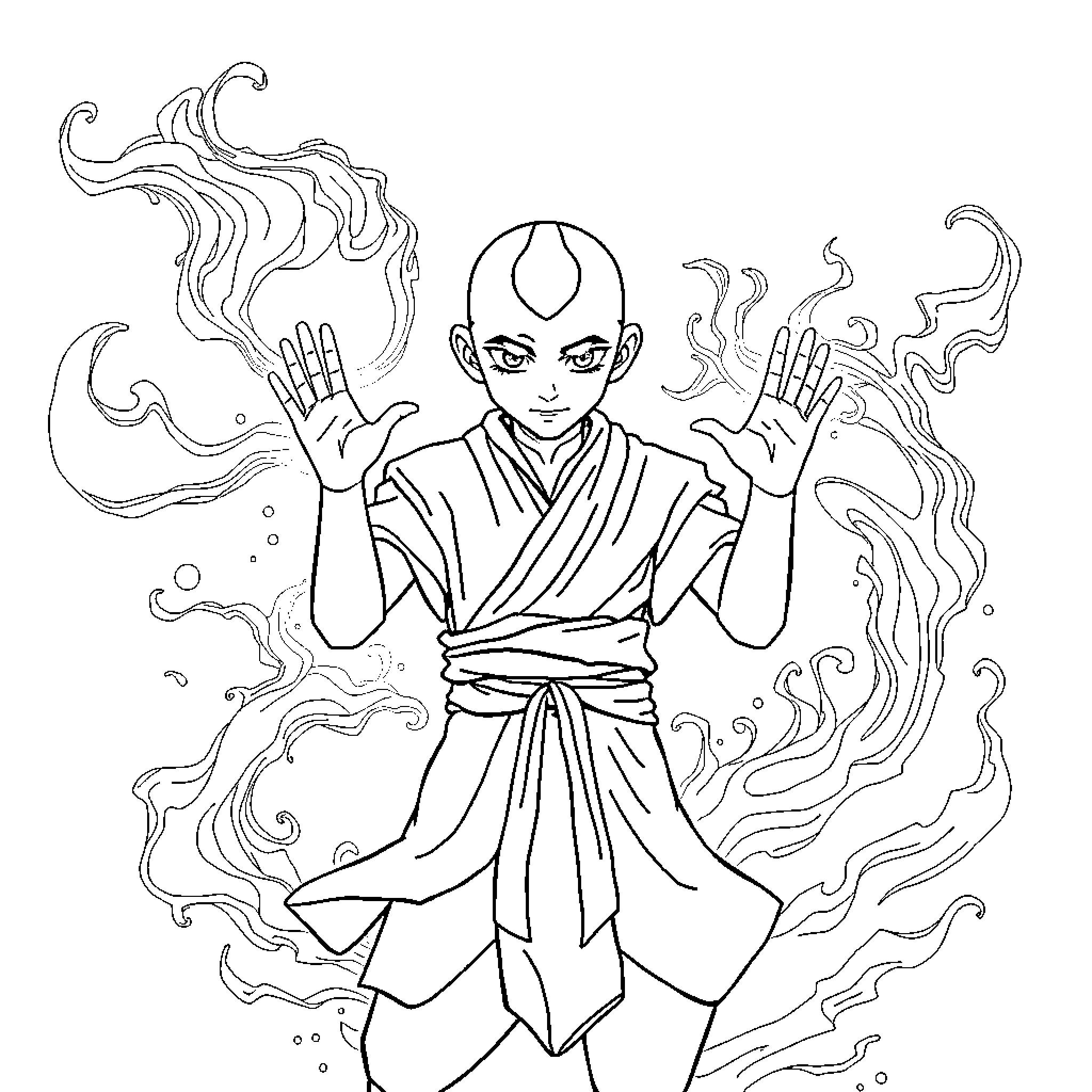Aang displaying powerful bending abilities Coloring Page (free black-and-white line drawing printable PDF for all, from beginners to advanced learners, including children, teens, adults, and seniors)