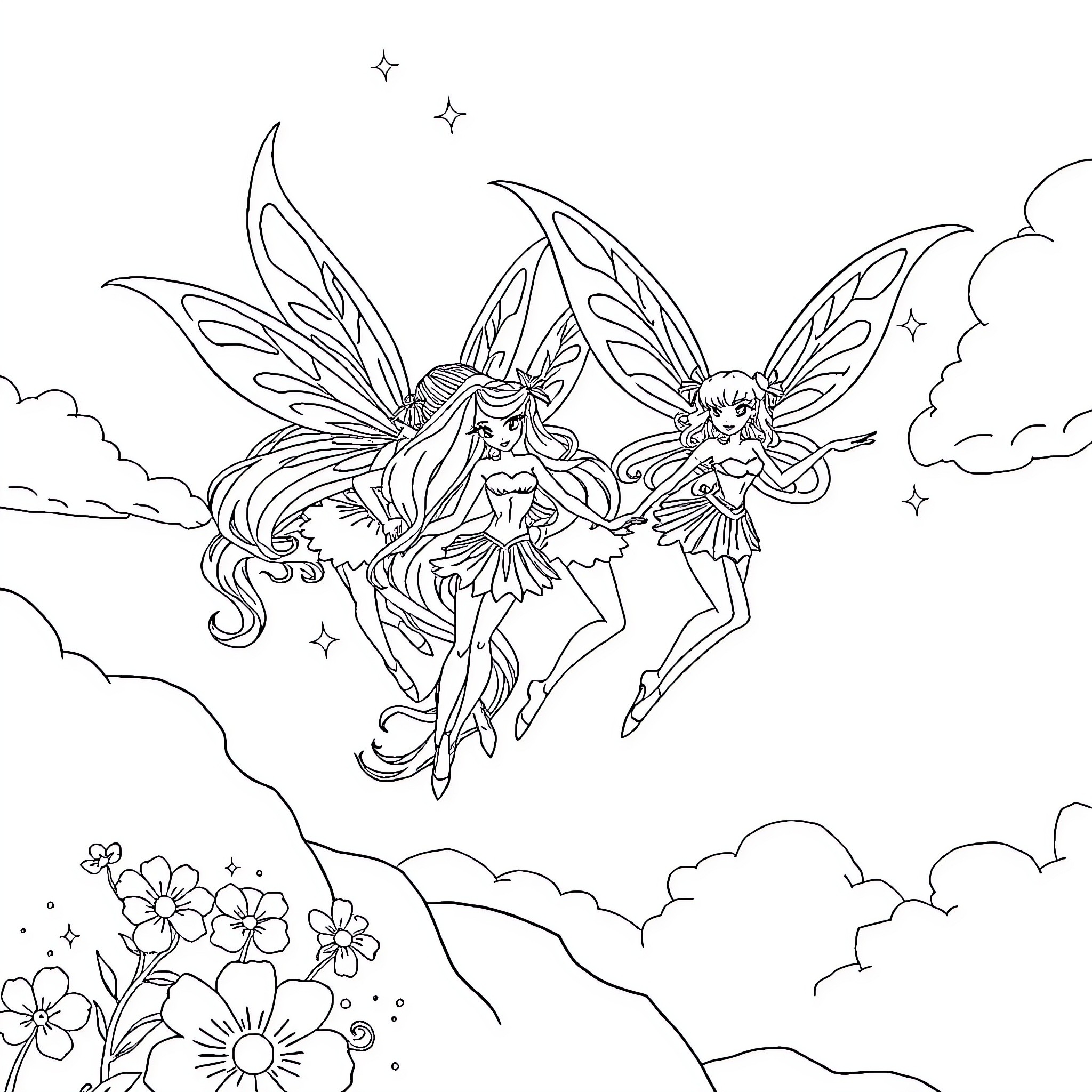 Winx Club fairy characters flying in the sky Coloring Page (free black-and-white line drawing printable PDF for all, from beginners to advanced learners, including children, teens, adults, and seniors)