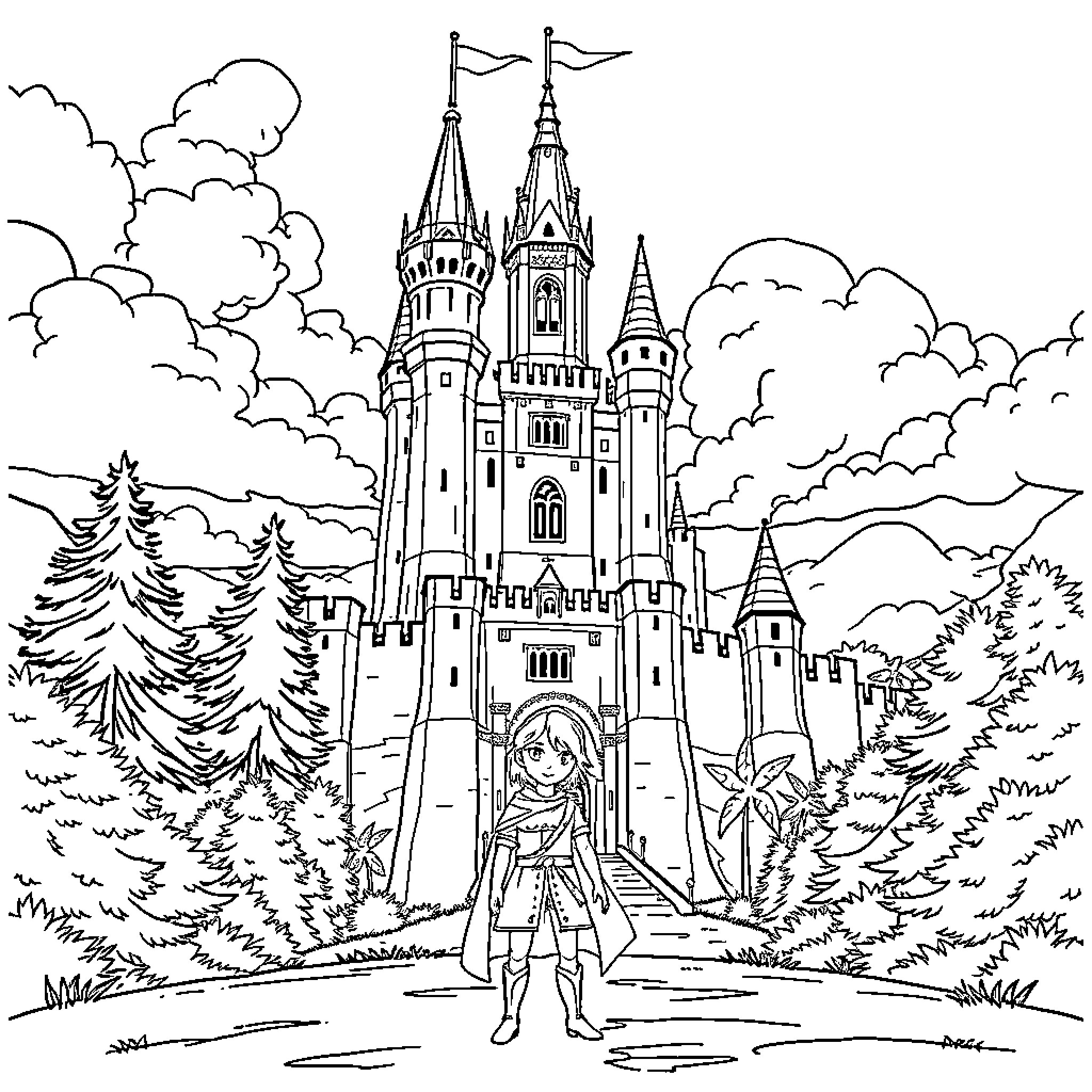Prince exploring the enchanting castle in the forest Coloring Page (free black-and-white line drawing printable PDF for all, from beginners to advanced learners, including children, teens, adults, and seniors)
