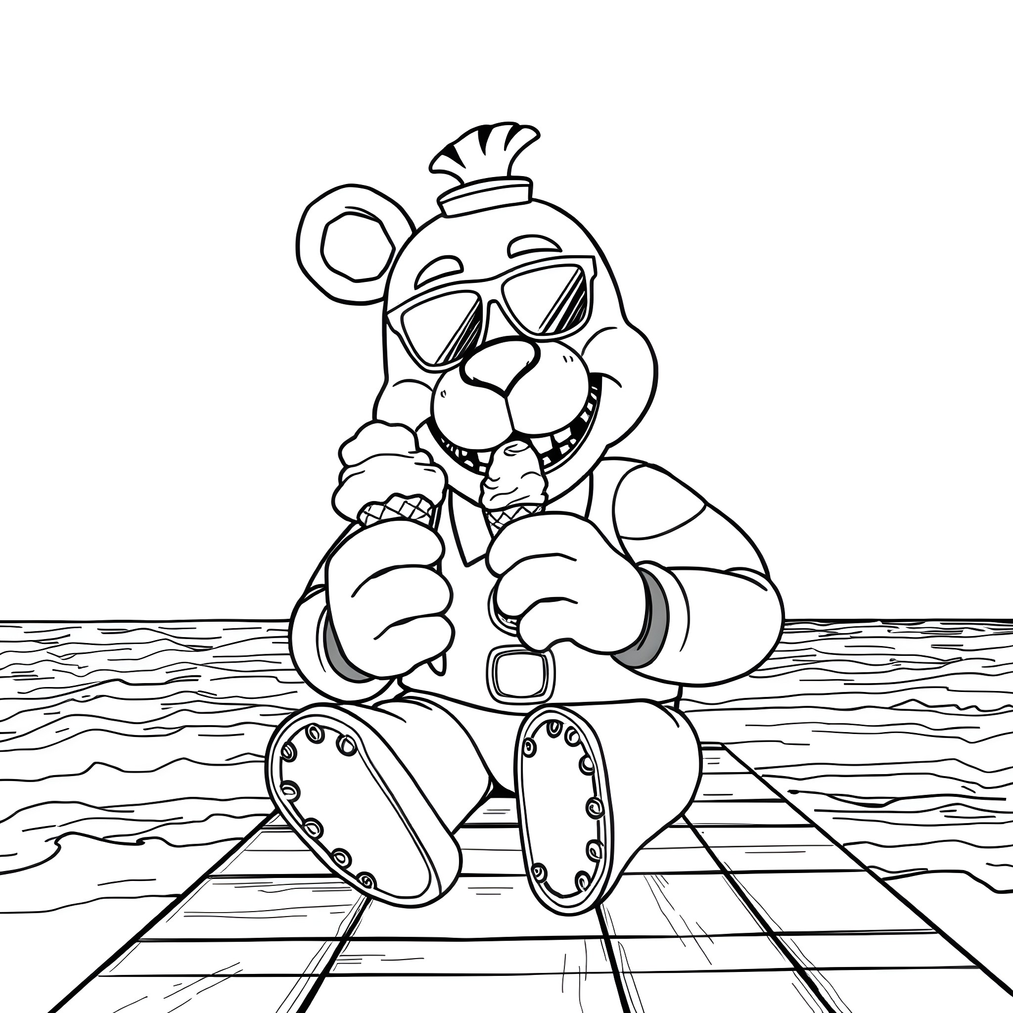 Freddy Fazbear enjoying a summer day at the beach Coloring Page (free black-and-white line drawing printable PDF for all, from beginners to advanced learners, including children, teens, adults, and seniors)