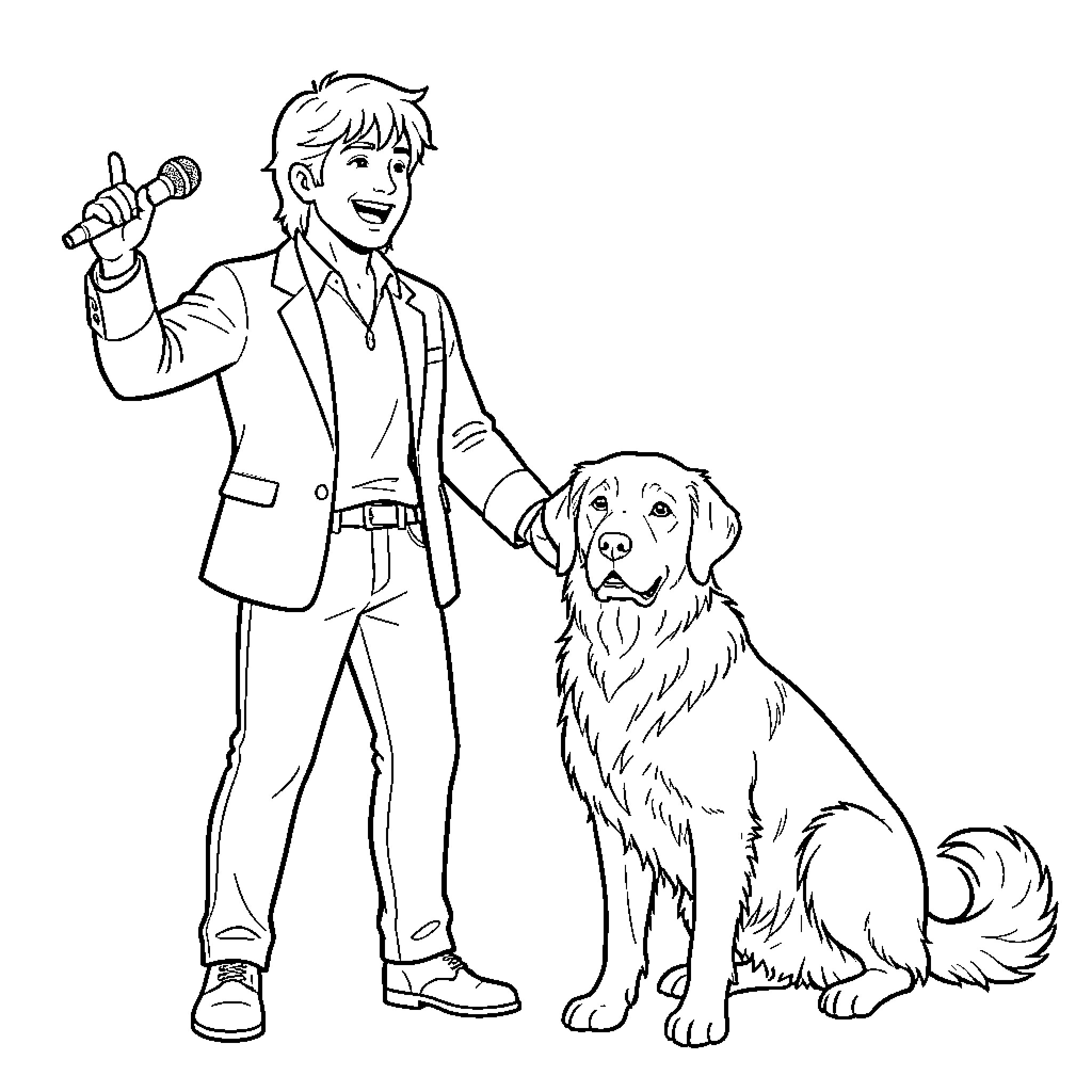 Cantante singing joyfully while standing next to a dog Coloring Page (free black-and-white line drawing printable PDF for all, from beginners to advanced learners, including children, teens, adults, and seniors)