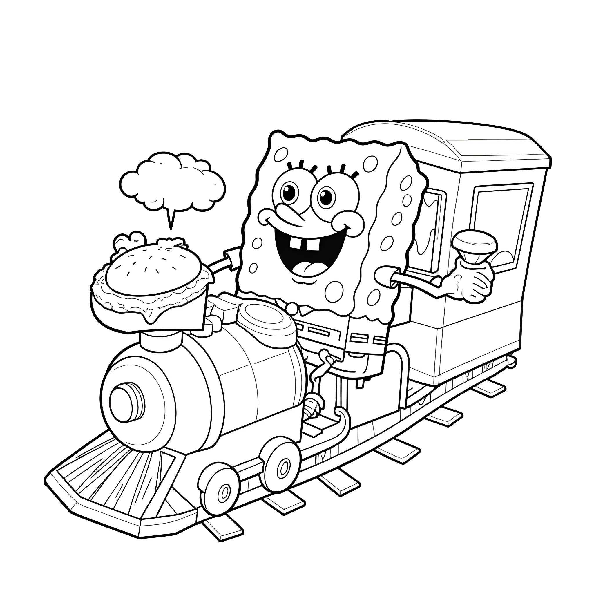 Spongebob riding a train with a burger Coloring Page (free black-and-white line drawing printable PDF for all, from beginners to advanced learners, including children, teens, adults, and seniors)