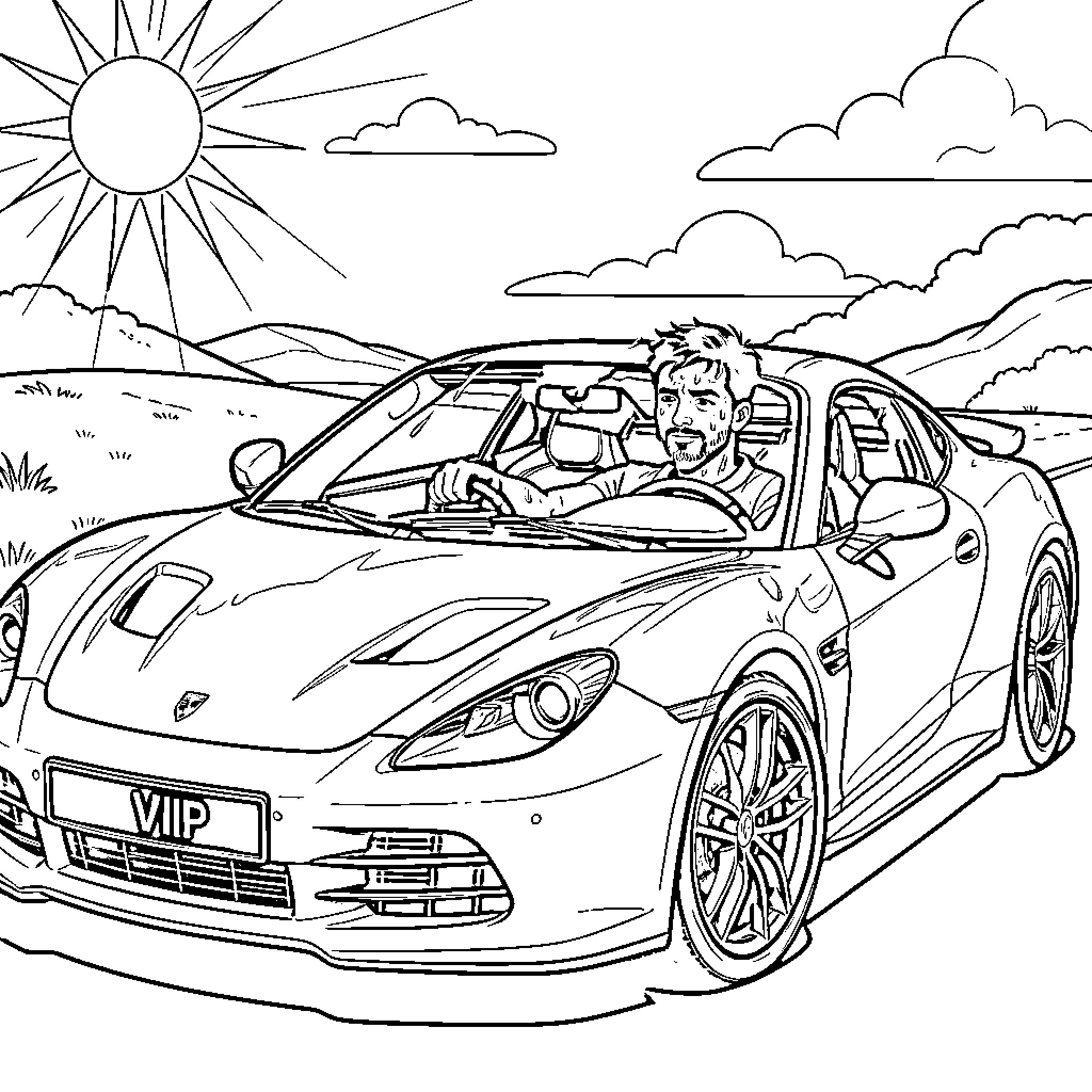 Snail driving a fast car through the hills Coloring Page (free black-and-white line drawing printable PDF for all, from beginners to advanced learners, including children, teens, adults, and seniors)