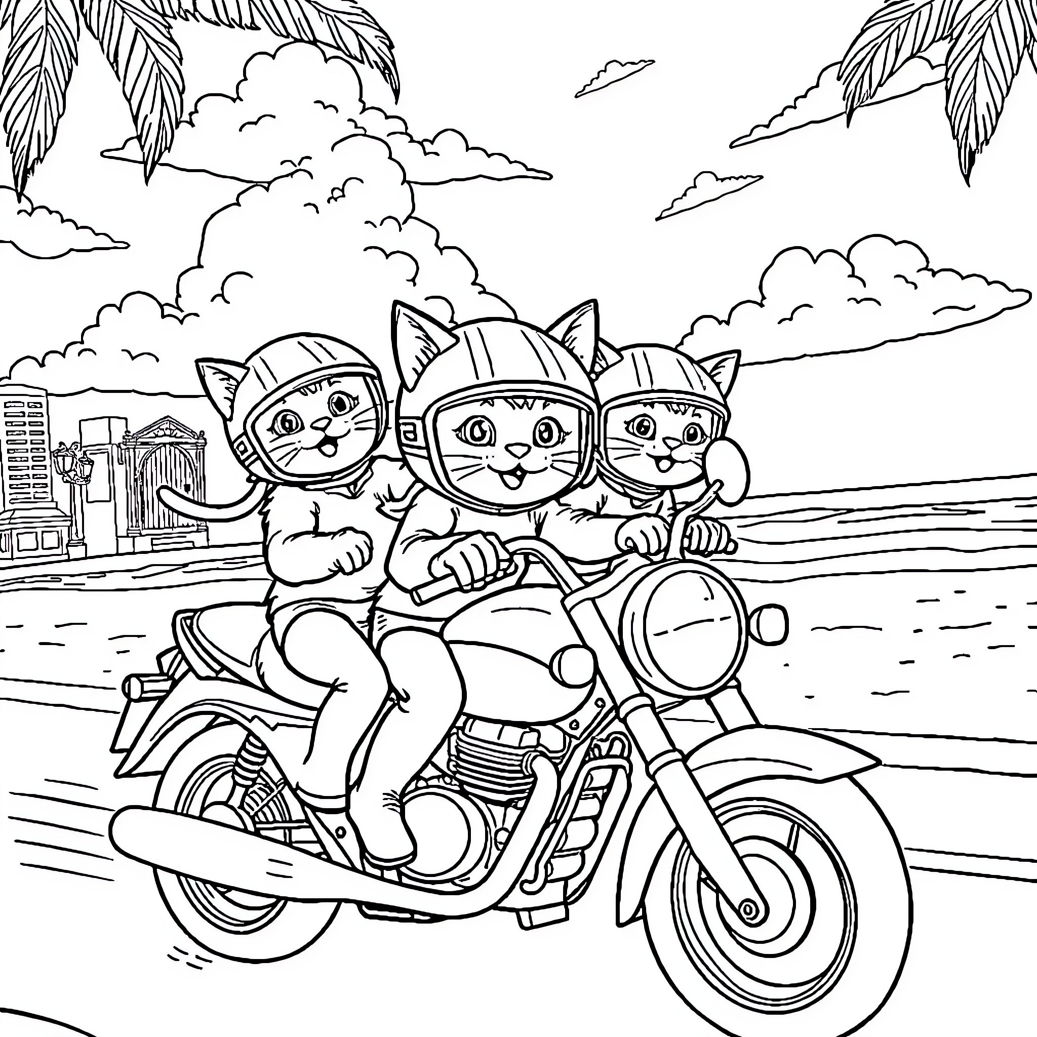 Cats riding motorcycle on the beach Coloring Page (free black-and-white line drawing printable PDF for all, from beginners to advanced learners, including children, teens, adults, and seniors)