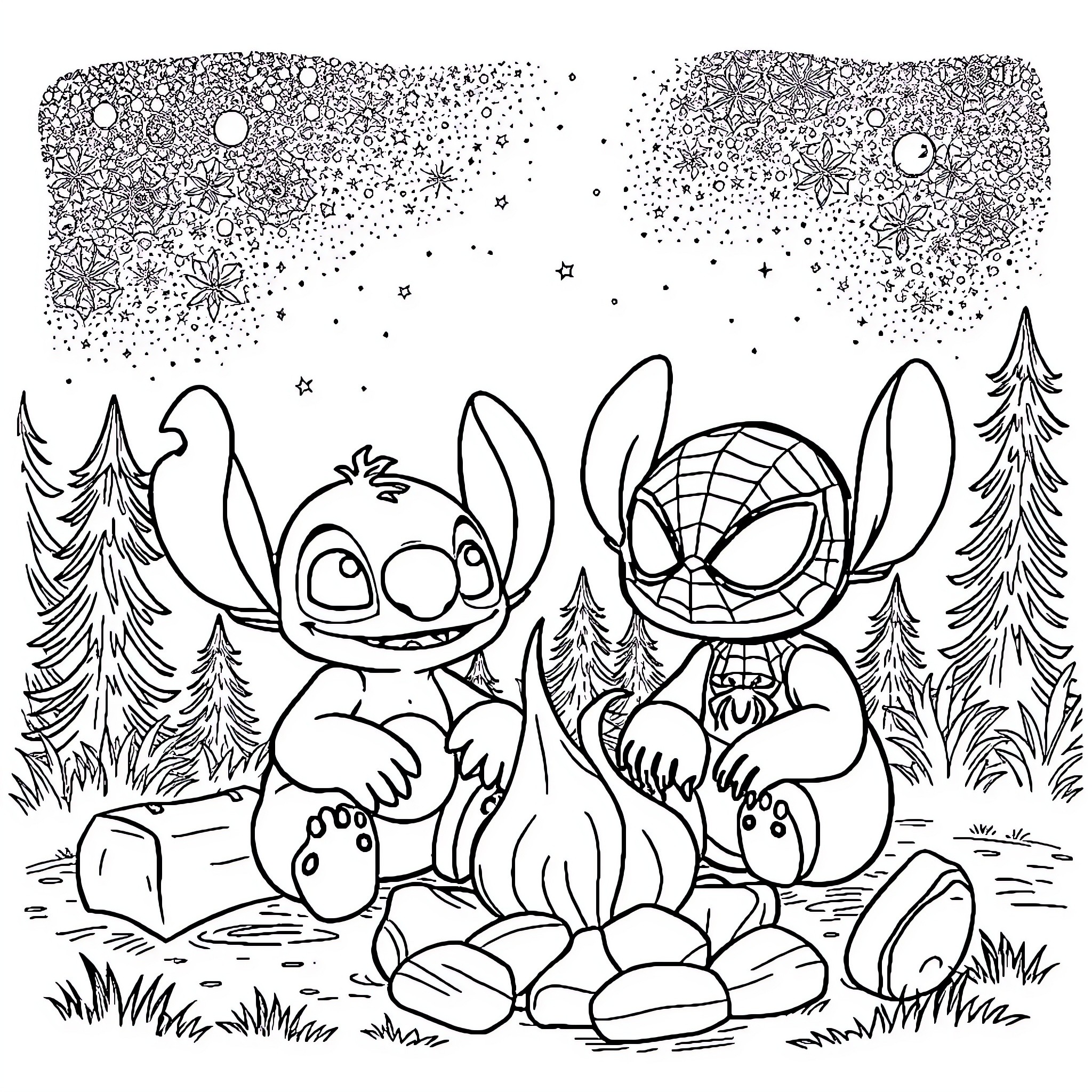 Stitch and Spider-Man Enjoying Cozy Outdoor Gathering Coloring Page (free black-and-white line drawing printable PDF for all, from beginners to advanced learners, including children, teens, adults, and seniors)