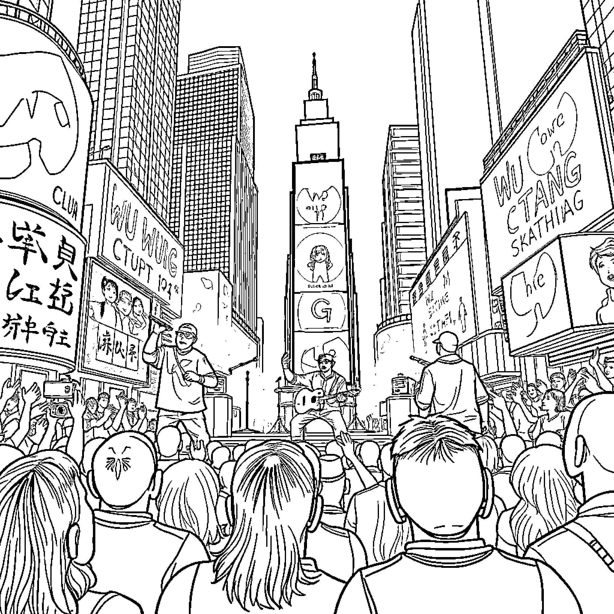 Wu-Tang Clan performing in vibrant city scene Coloring Page (free black-and-white line drawing printable PDF for all, from beginners to advanced learners, including children, teens, adults, and seniors)