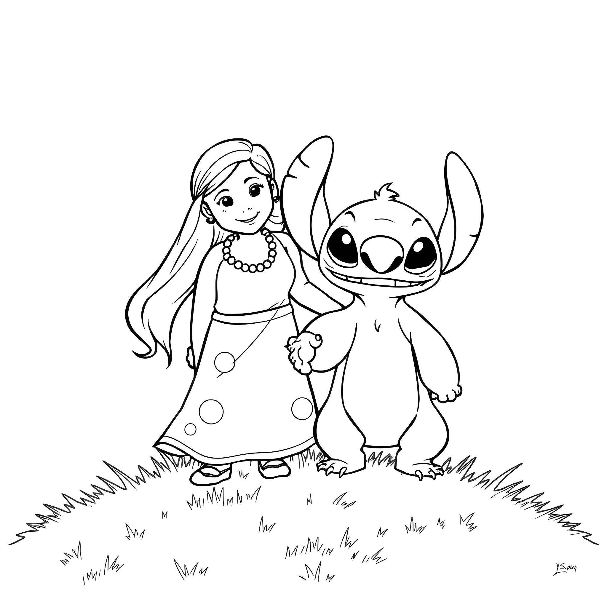 Lilo And Stitch Exploring the Grass Together Coloring Page (free black-and-white line drawing printable PDF for all, from beginners to advanced learners, including children, teens, adults, and seniors)