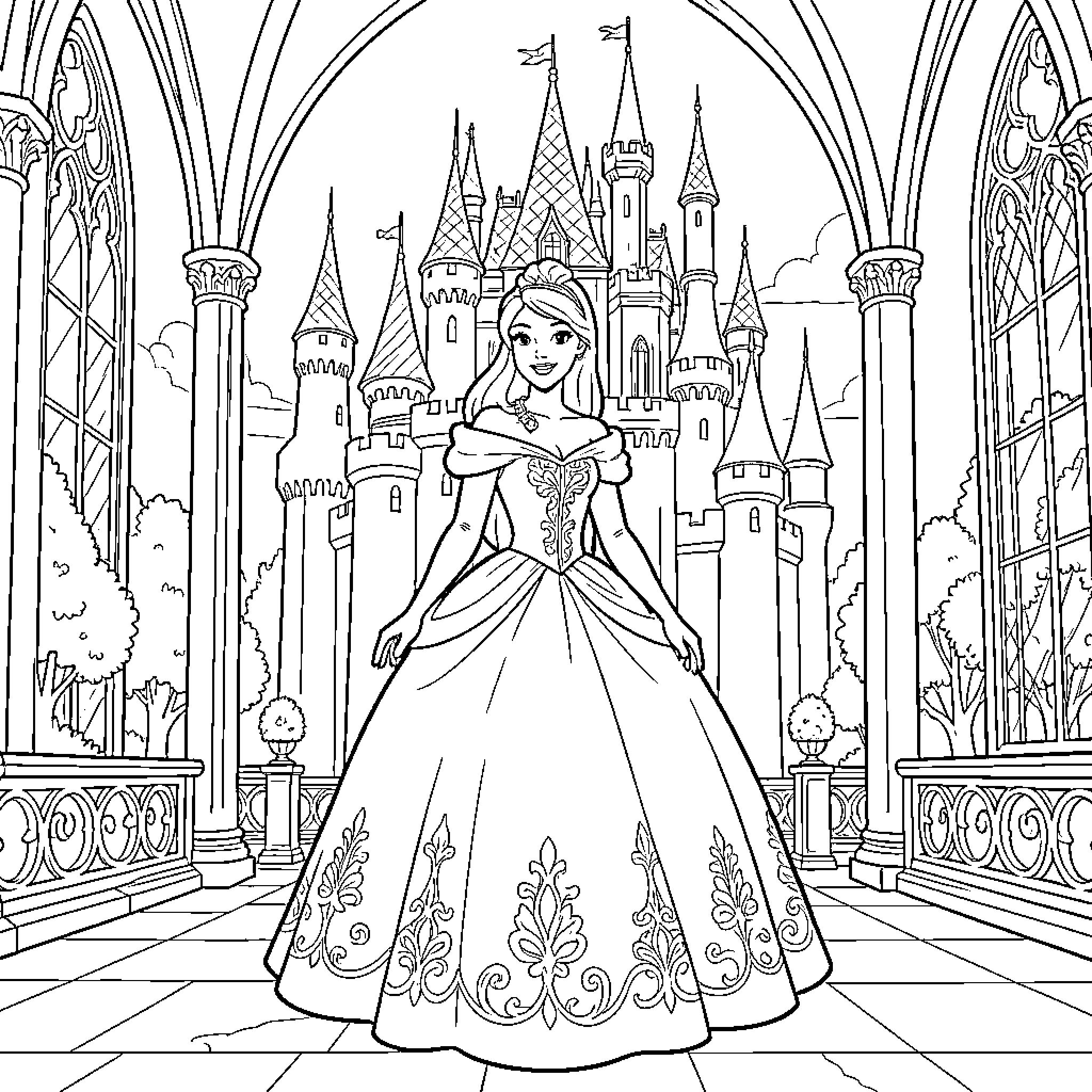 Disney Princess standing gracefully in front of a castle Coloring Page (free black-and-white line drawing printable PDF for all, from beginners to advanced learners, including children, teens, adults, and seniors)