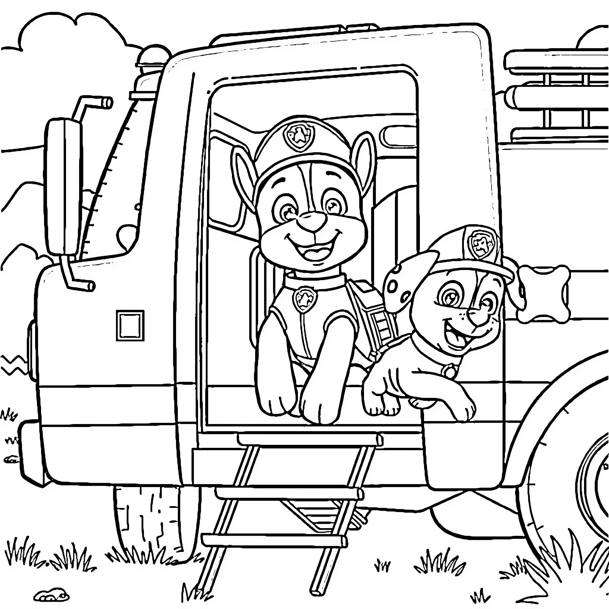 Paw Patrol puppies in action Coloring Page (free black-and-white line drawing printable PDF for all, from beginners to advanced learners, including children, teens, adults, and seniors)